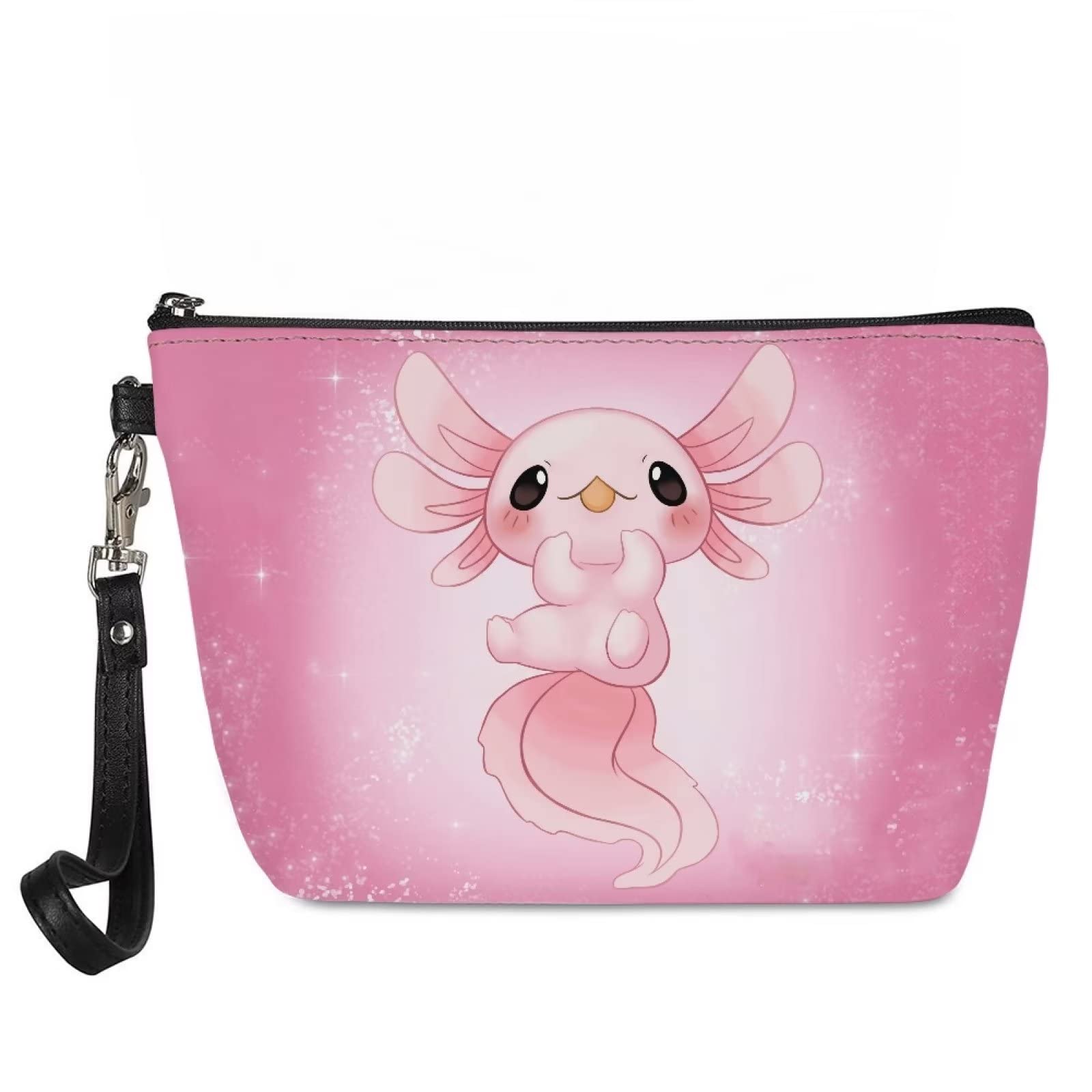HUGS IDEA Cute Axolotl Print Makeup Bag - Waterproof Cosmetic Case Organizer with Zipper Closure for Women & Girls - Portable Travel Makeup Pouch for Purse, Gym, School & Vacation Essentials