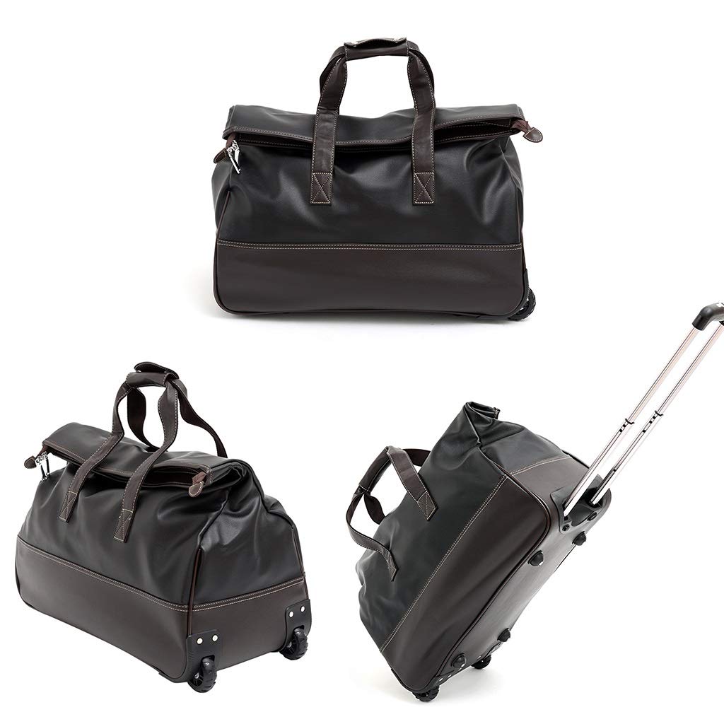 Premium Soft PU Rolling Tote Travel Bag with Wheels - Waterproof Wheeled Duffle Carry On Luggage for Business & Weekend Trips - Medium Black Weekender Bag for Women (Perfect for Air Travel, Gym & Overnight Stays)
