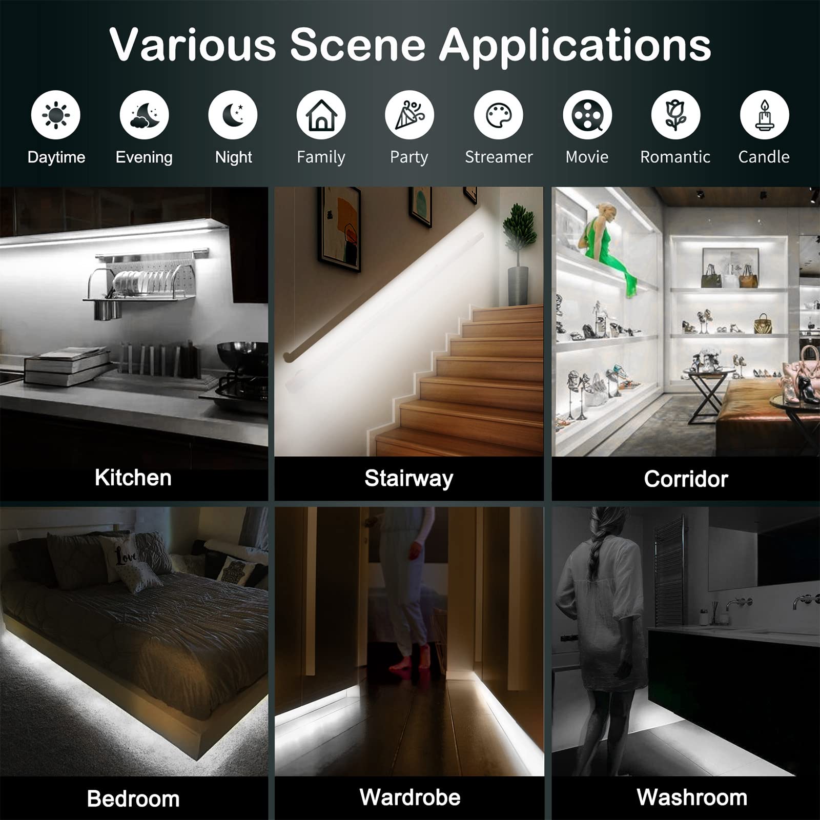 Motion Sensor Under Cabinet LED Strip Lights - Plug-in Indoor Lighting with UL FCC Approved Adapter, Dimmable & Timer Function for Kitchen, Counter, Shelf, Showcase, Stairway, Bedroom, Corridor, Bathroom - Perfect for Accent Lighting, Task Lighting, and Nighttime Safety