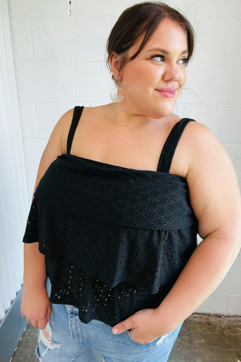 Black Eyelet Tiered Sleeveless Lined Top for Women - Summer Boho Chic Blouse - Perfect for Beach Vacations, Date Nights & Casual Outings