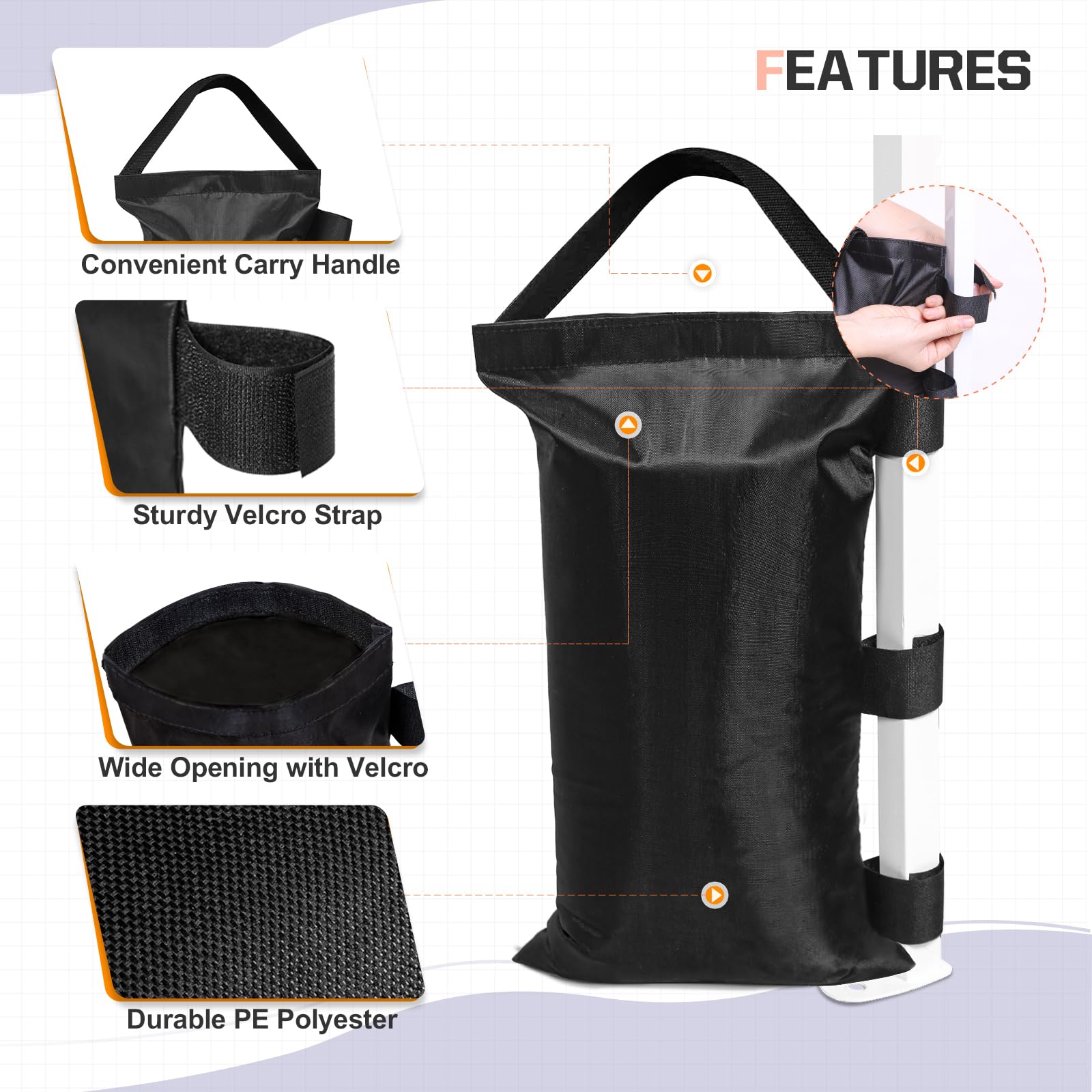 EAGLE PEAK Heavy-Duty Instant Canopy Sand Bags 4-Pack - Weighted Anchor Kit for Pop Up Tents, Gazebos & Canopies | Windproof & Waterproof | Perfect for Camping, Beach, Outdoor Events & Backyard Parties (Black, Sand Not Included)