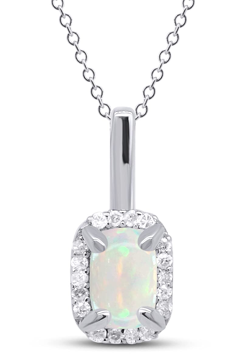 GEMVIO 4X6MM Cushion Cut Natural White Opal & Diamond Halo Pendant Necklace - 10K/14K/18K Solid Gold Women's Jewelry Gift (0.44Cttw) for Birthdays, Anniversaries & Special Occasions