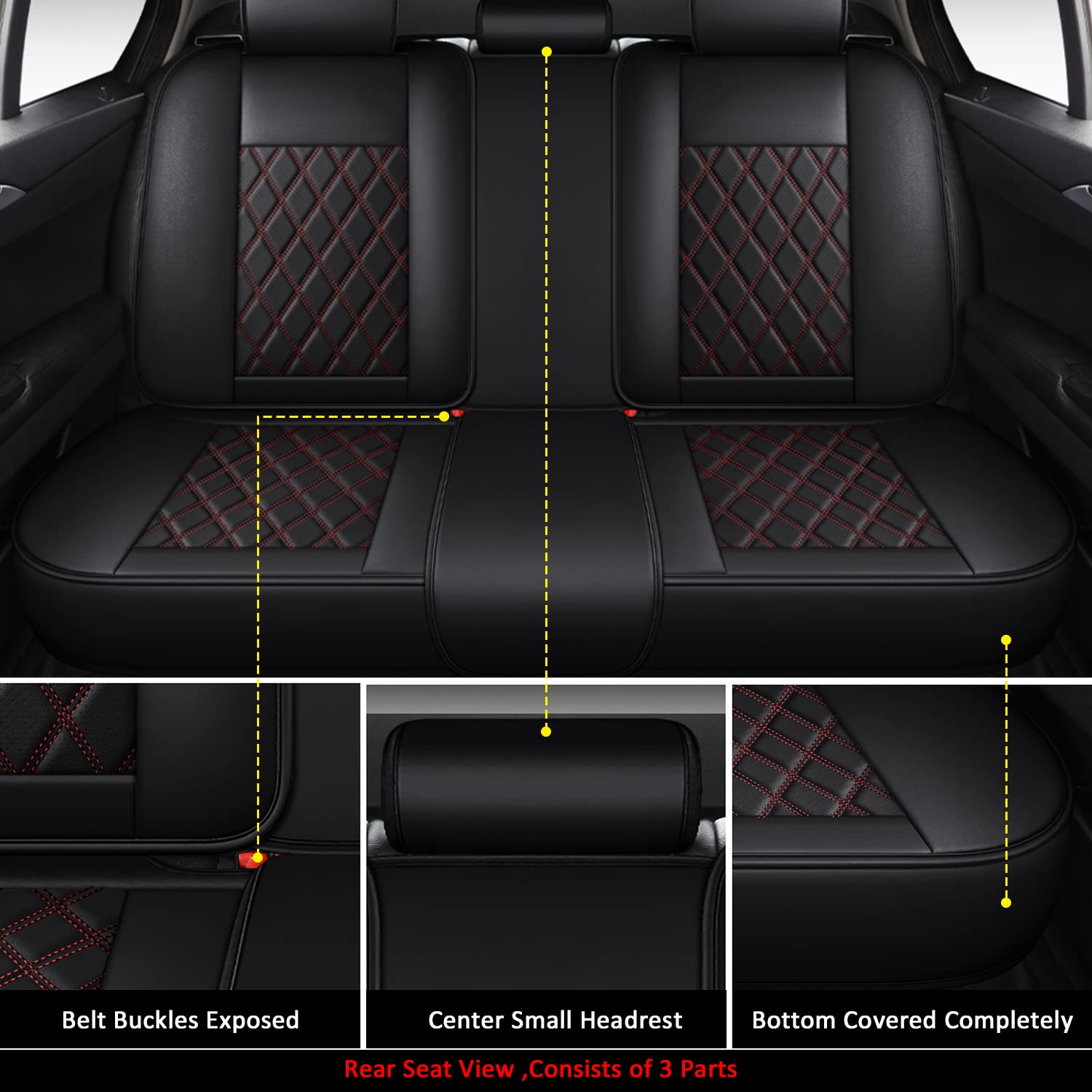 Premium Red Faux Leather Car Seat Covers - Universal Fit for Sedan, SUV & Trucks - Diamond Stitched Auto Interior Protector (Full Set) - Perfect for Daily Commute & Road Trips
