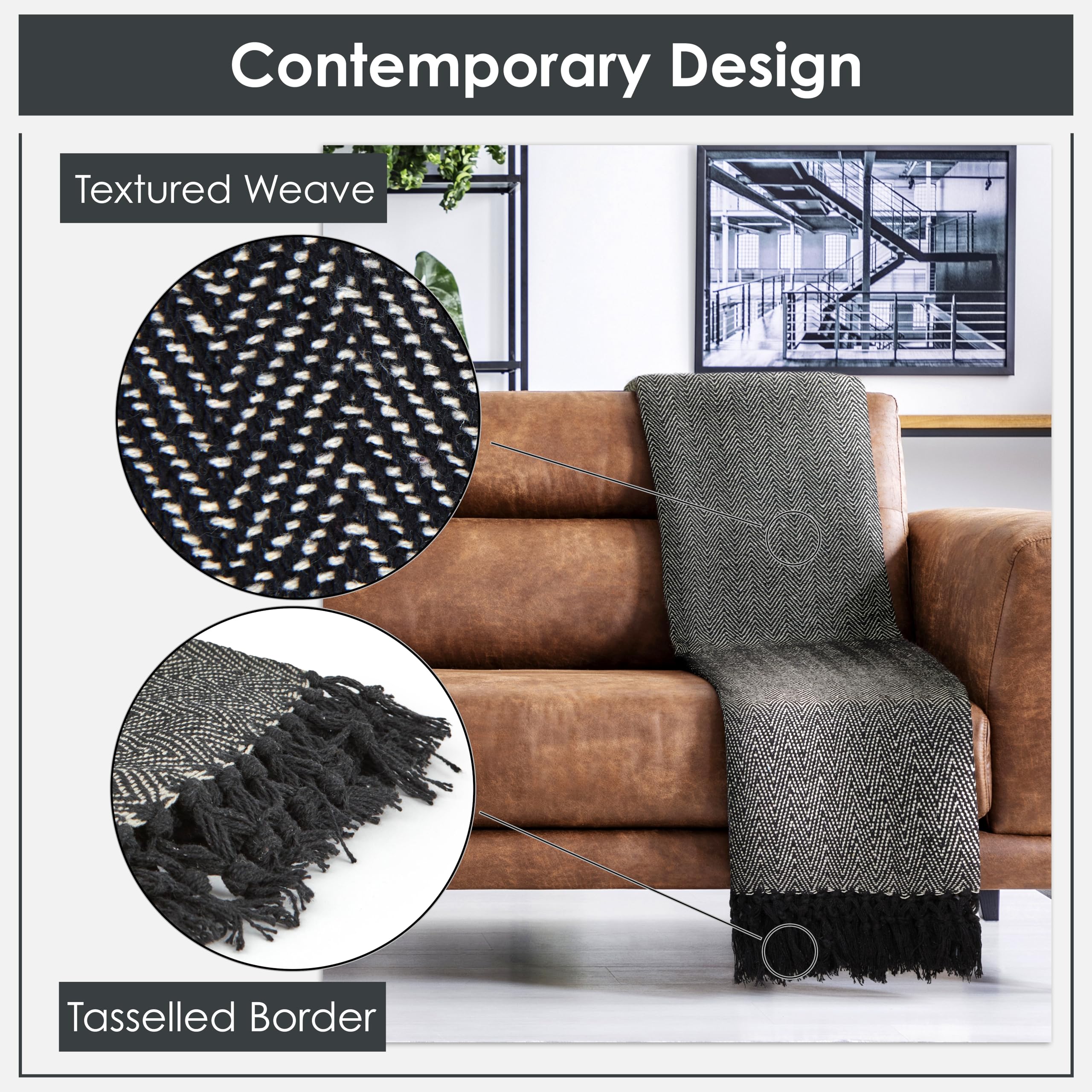 Emma Barclay Herringbone - Eco-Friendly Recycled Cotton Throw Blanket in Black - 50x60 Inches (127x152cm) - Perfect for Sofa, Chair, Bed & Home Decor
