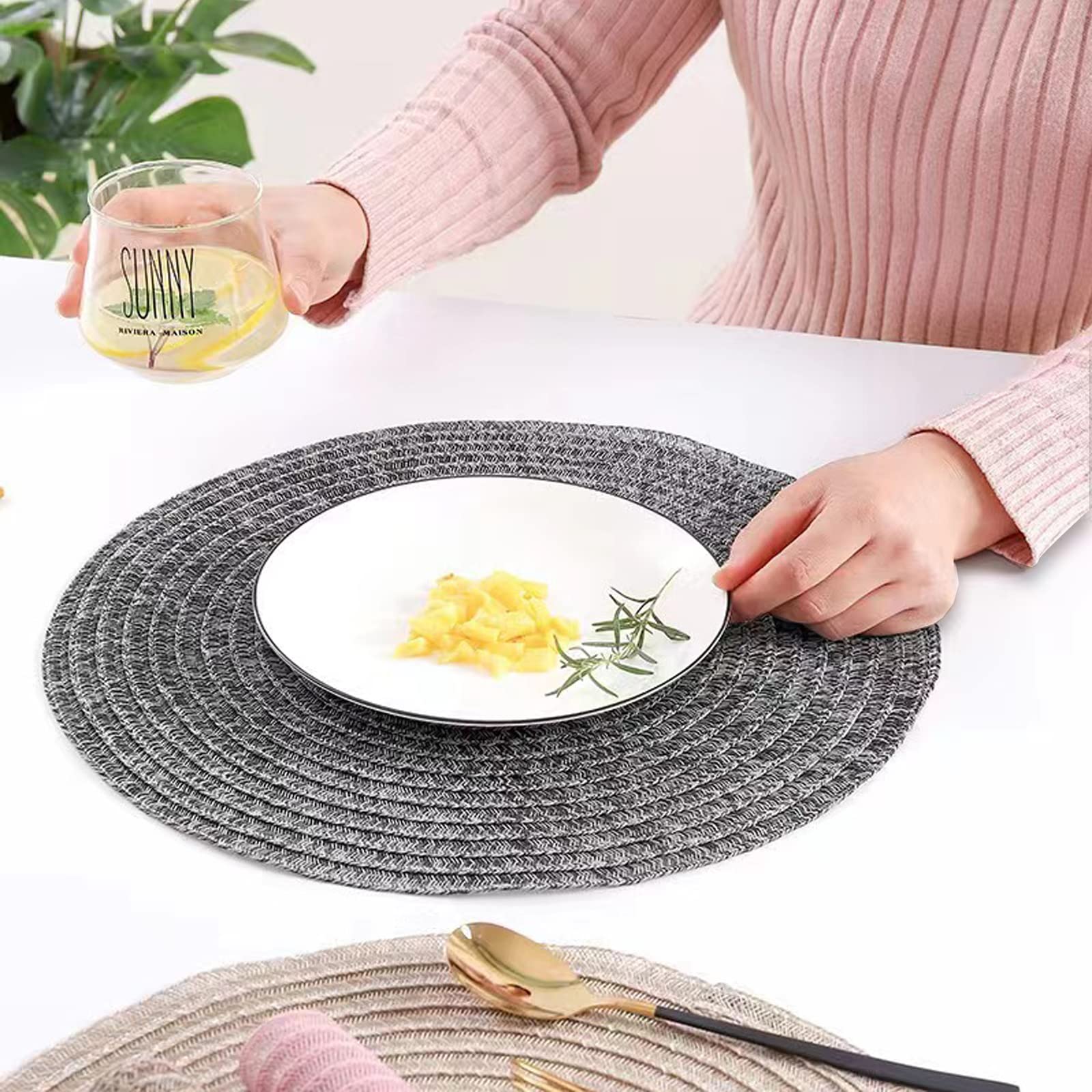 DACHUI 15 Inch Round Placemats Set of 6 - Washable Dark Grey Table Mats for Dining Room, Kitchen, and Outdoor Picnics - Non-Slip Waterproof Place Mats for Everyday Use and Special Occasions