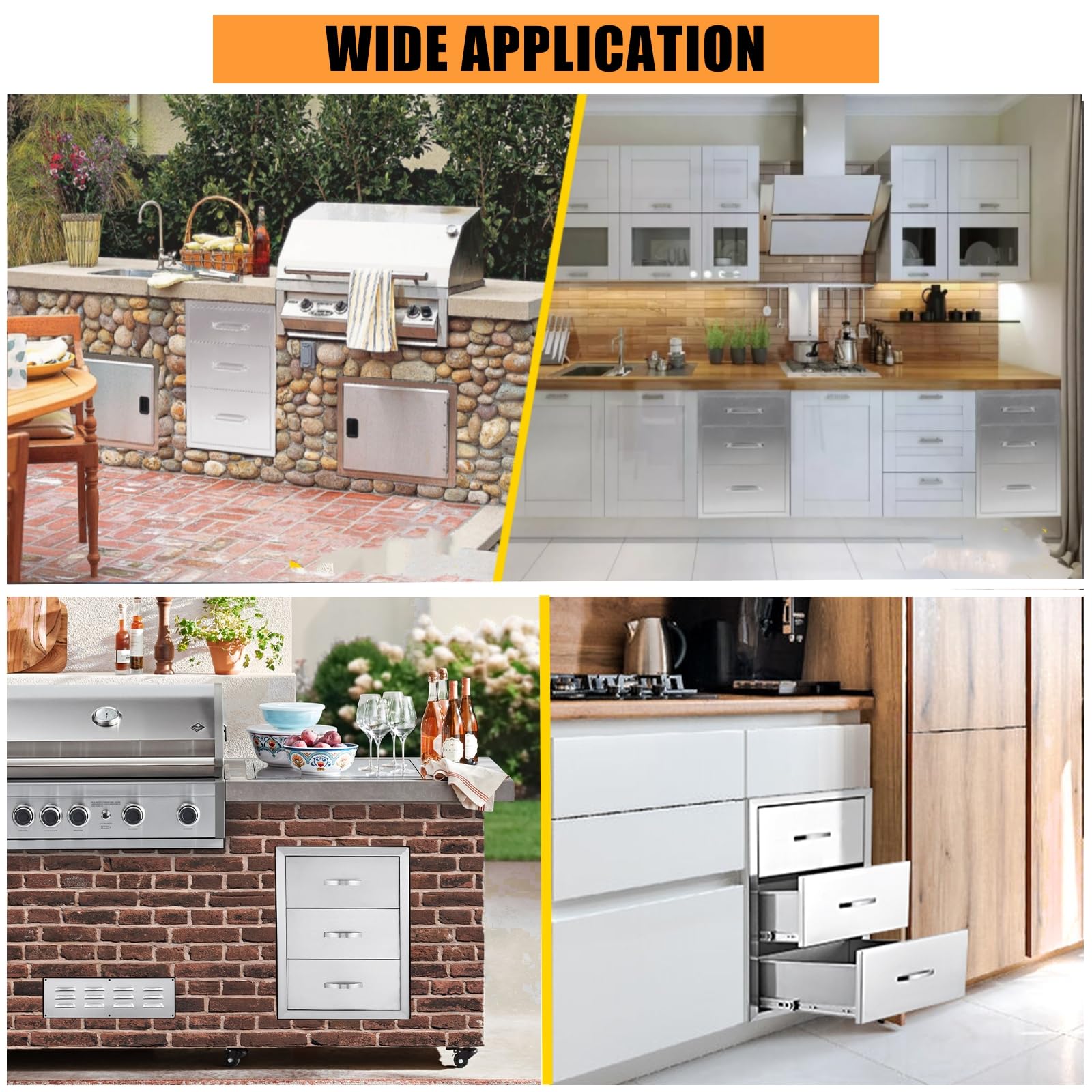 Stainless Steel Triple BBQ Storage Drawers for Outdoor Kitchen - 20W x 23D x 27H Inches Flush Mount Built-in Drawers with Venting Panel - Perfect for Kitchen Island, Patio Grill Station & Backyard Entertaining