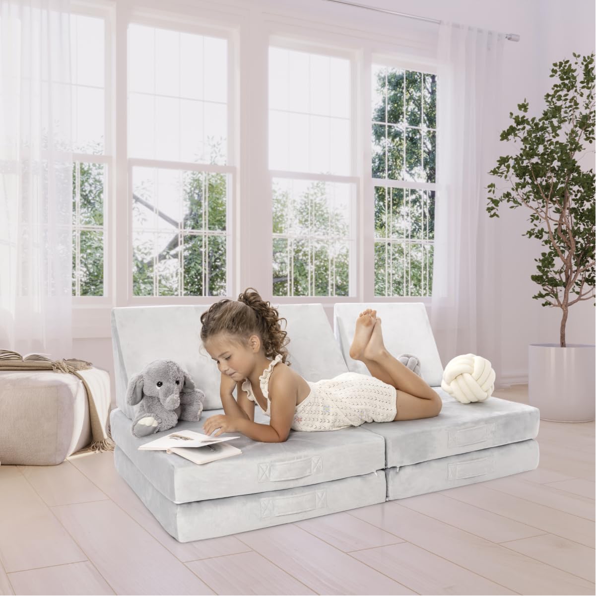 Milliard Kids 7-Piece Modular Sectional Sofa - Soft Washable Grey Velour Foam Play Couch for Toddlers with Bonus Blanket - 52x30x20 Inches - Perfect for Playrooms, Bedrooms & Family Rooms - Durable Kids Furniture for Playtime, Reading & Relaxation