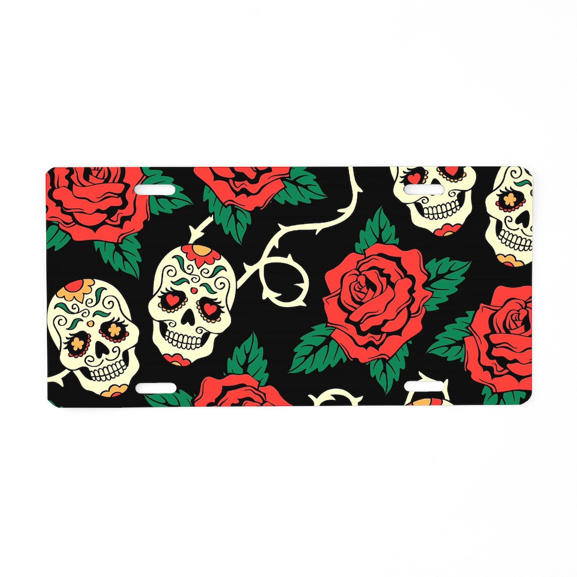 Skulls and Roses Aluminum License Plate - Custom Front Vanity Tag for Cars & Motorcycles | Unique Car Accessories for Personalization & Style
