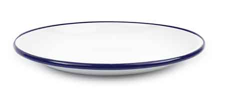 Vintage Style Enamelware Coupe Plates with Blue Rim - Set of 4, Durable Dinner Plates for Camping, Picnics & Rustic Home Decor