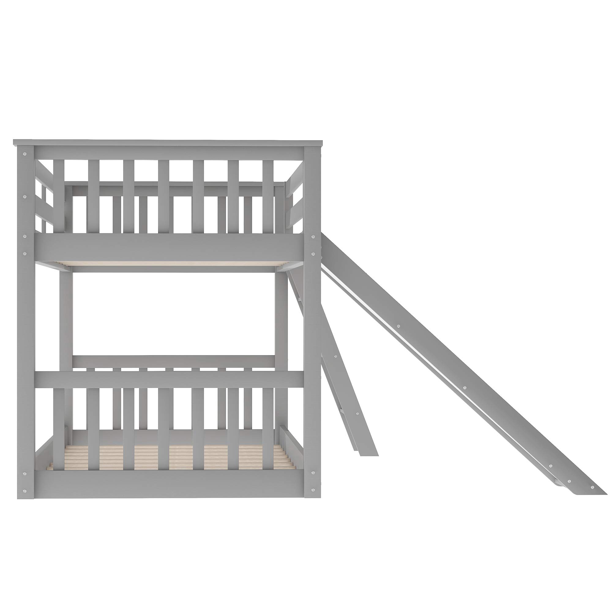 Twin Over Twin Bunk Bed with Slide & Ladder - Solid Wood Loft Bed for Kids, No Box Spring Needed (Gray) | Space-Saving Kids Bedroom Furniture for Small Rooms & Shared Sibling Spaces