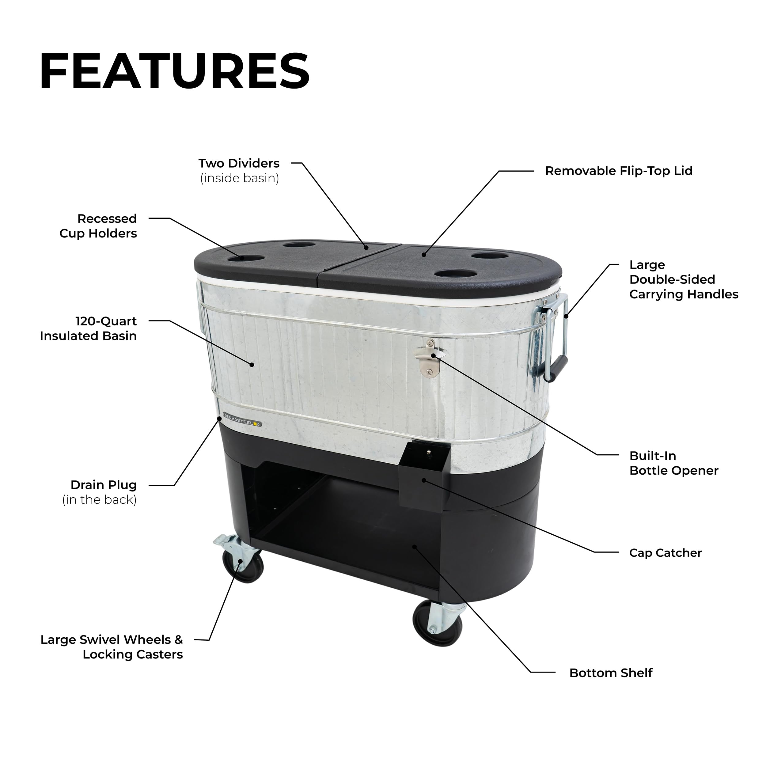 Permasteel 120-Qt Rolling Ice Chest Cooler with Wheels - Portable Outdoor Party Drink Cooler Cart with Dividers - Galvanized Steel for BBQs, Tailgating, Camping & Indoor Entertaining