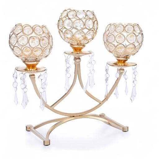 OwnMy 3-Arm Crystal Tealight Candle Holder - Elegant Gold Candelabra Votive Stand for Dining Table, Wedding, Christmas Party & Home Decor | Perfect Centerpiece for Romantic Dinners, Holiday Celebrations & Special Events
