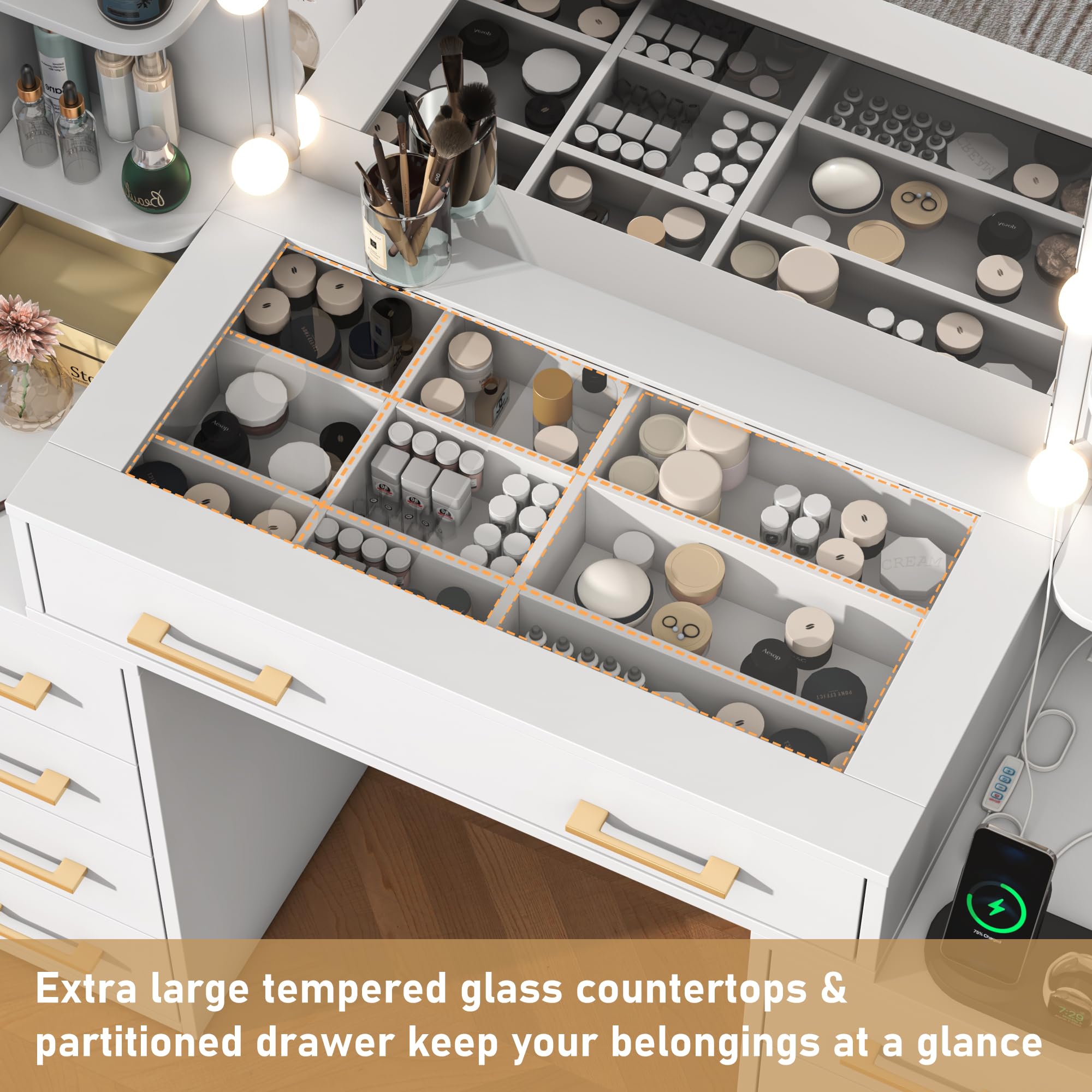 Modern White Glass Top Vanity Desk with LED Lights & Mirror - Large Makeup Dressing Table with Charging Station, 9 Drawers & 6 Shelves for Storage - Perfect for Bedroom, Dressing Room & Home Salon Organization
