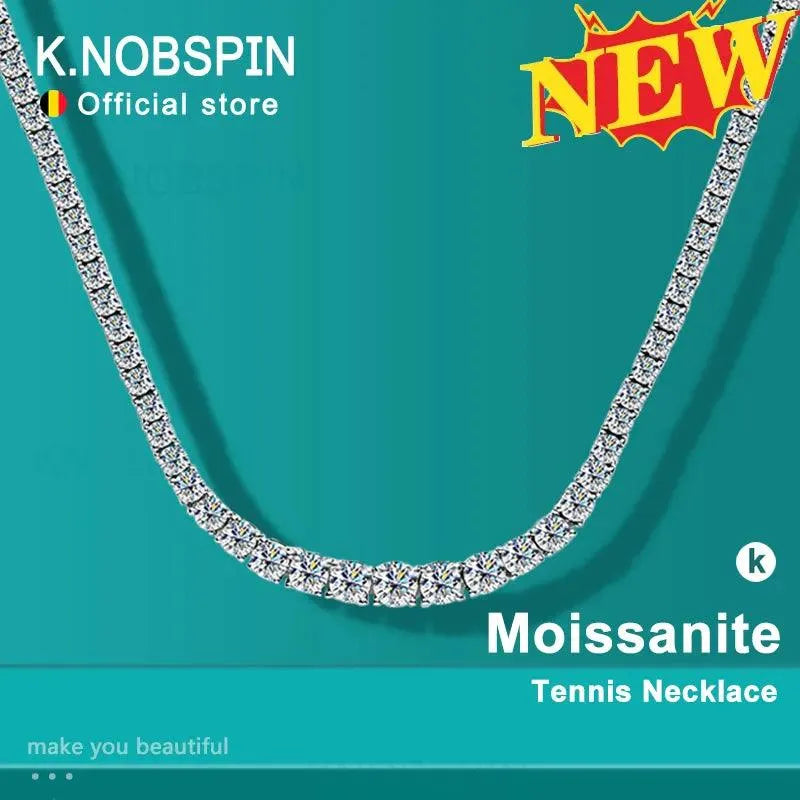 KNOBSPIN Moissanite Tennis Necklace for Women - 925 Sterling Silver Plated 18K White Gold Wedding Jewelry with Certificate | Elegant Bridal Gift, Anniversary Present & Formal Occasion Accessory