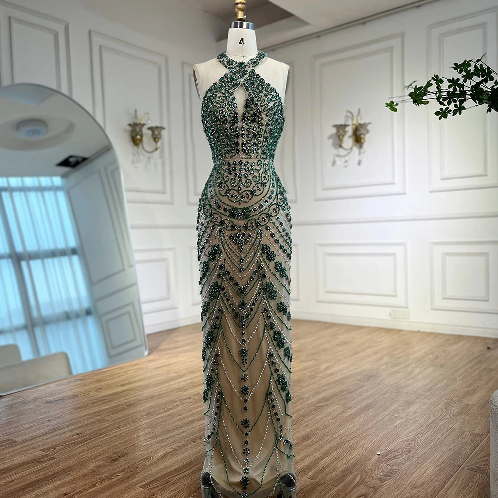 Elegant Blue Halter Neck Crystal Beaded Evening Gown LA72760 - Perfect for Prom, Gala, and Formal Events