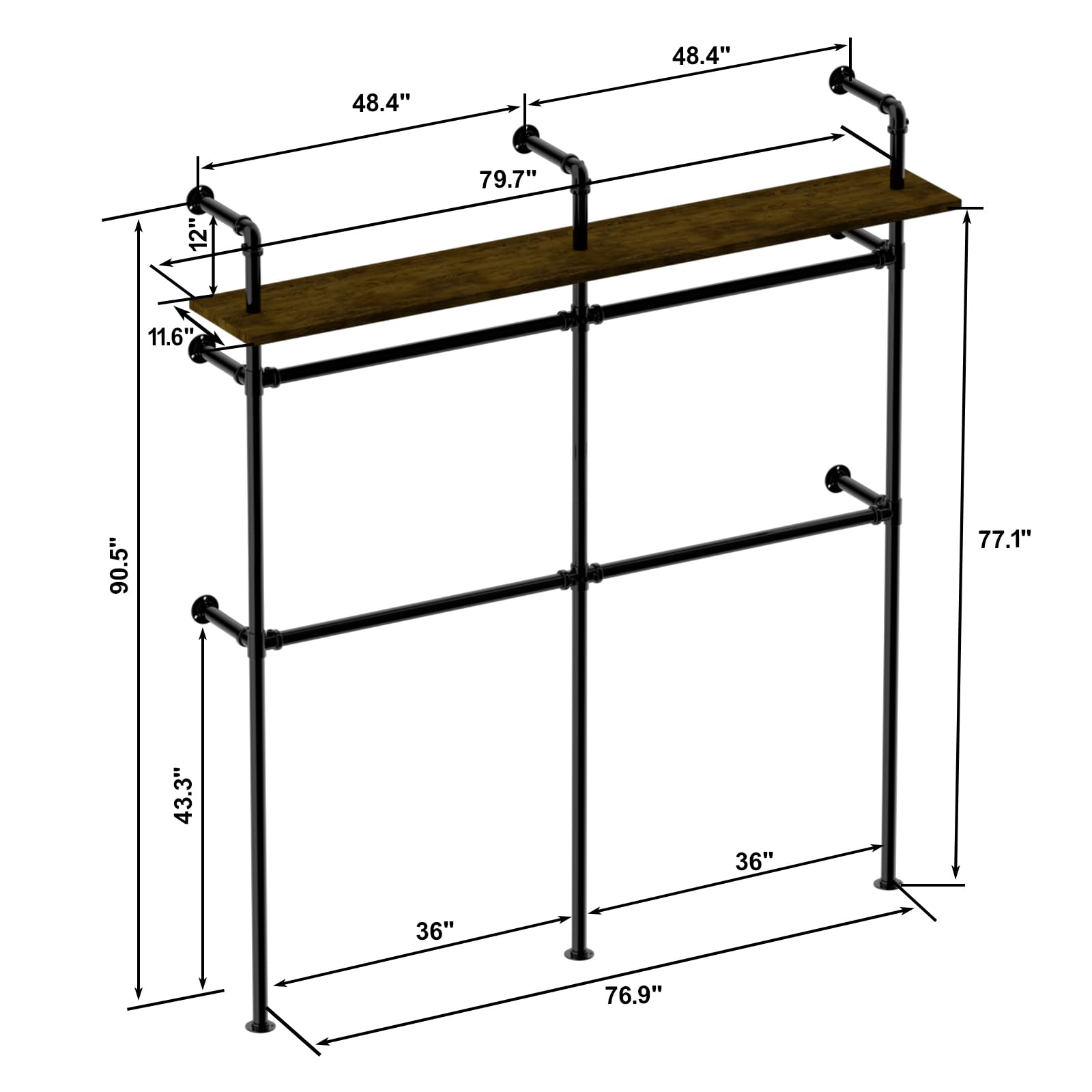 ROOMTEC Heavy Duty Industrial Pipe Clothing Rack - Wall Mounted Garment Rack with LED Lights & Shelves, Walk-in Closet System for Home, Office, or Retail Store Organization