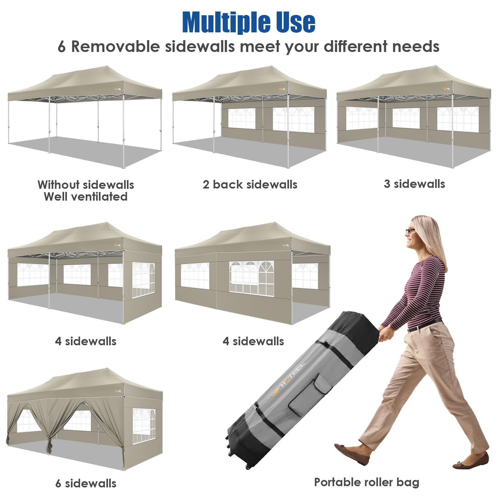 HOTEEL 10x20 Pop Up Canopy Tent - Heavy Duty Commercial Instant Gazebo with 6 Sidewalls, Roller Bag & Sand Bags - Easy Setup Hexagonal Frame for Outdoor Weddings, Parties, Events & Farmers Markets (Khaki)