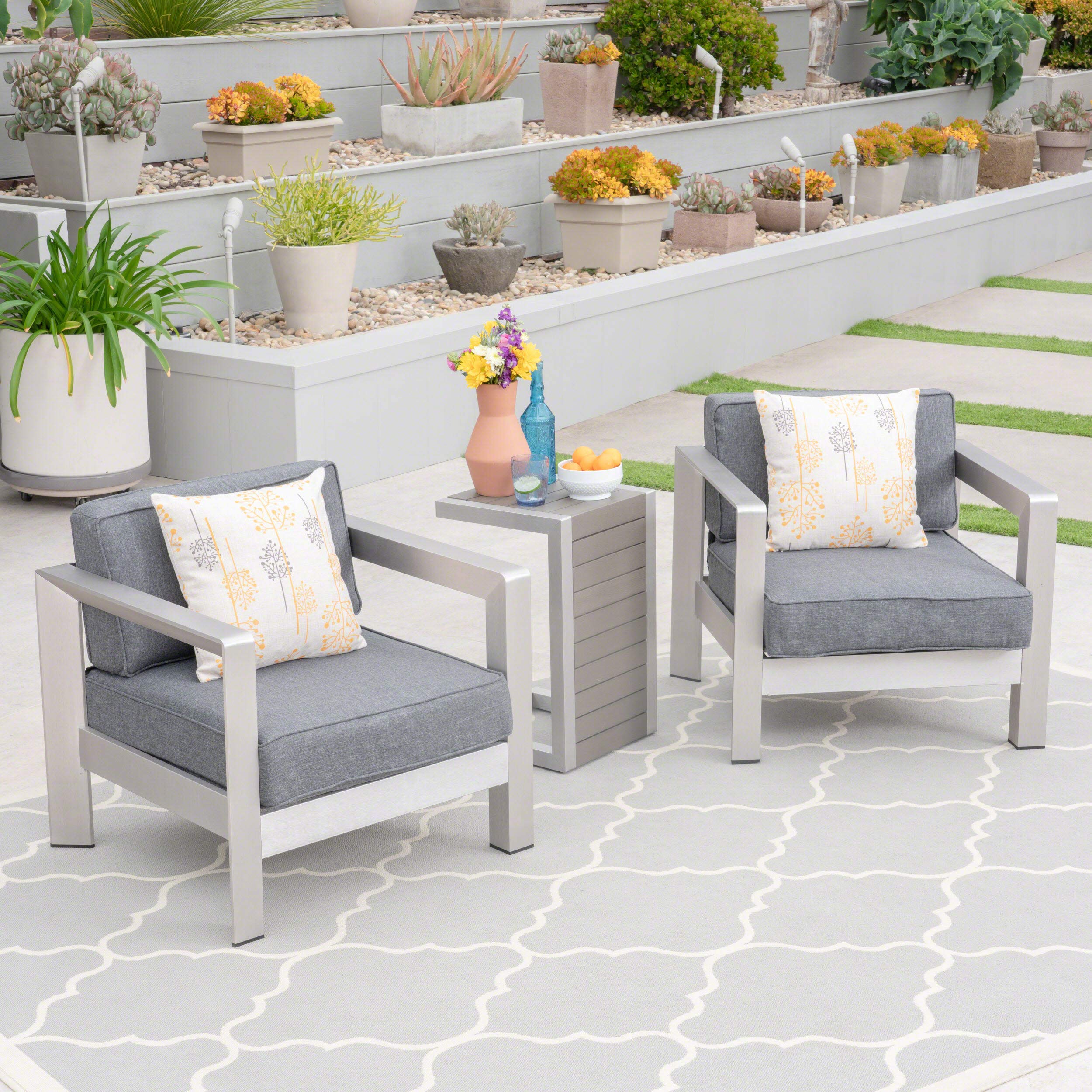 GDFStudio Outdoor Aluminum Club Chairs with Faux Wood-Topped Side Table - Silver Gray & Natural Wood Finish Patio Furniture Set for Garden, Poolside & Backyard Relaxation