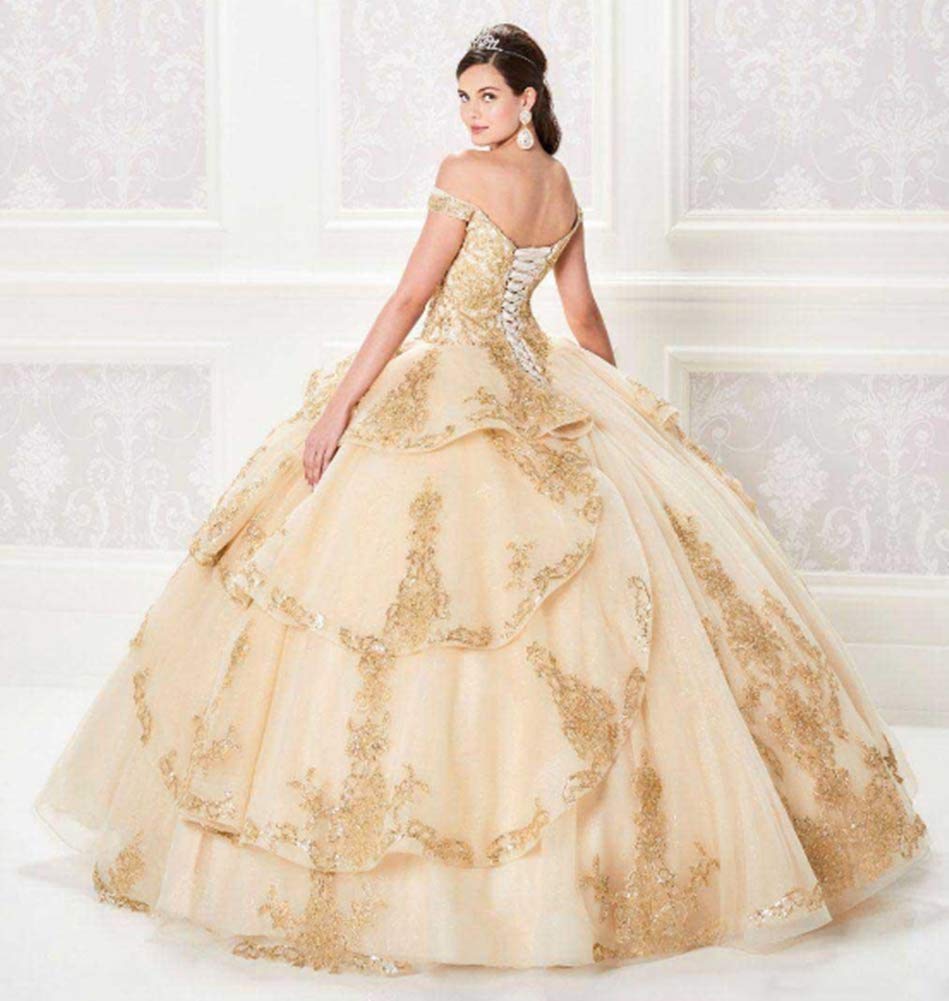 Elegant Off Shoulder Tiered Tulle Quinceanera Dress with Gold Lace Applique & Sequins - Princess Ball Gown for Women's Formal Events, Prom, Wedding & Special Occasions
