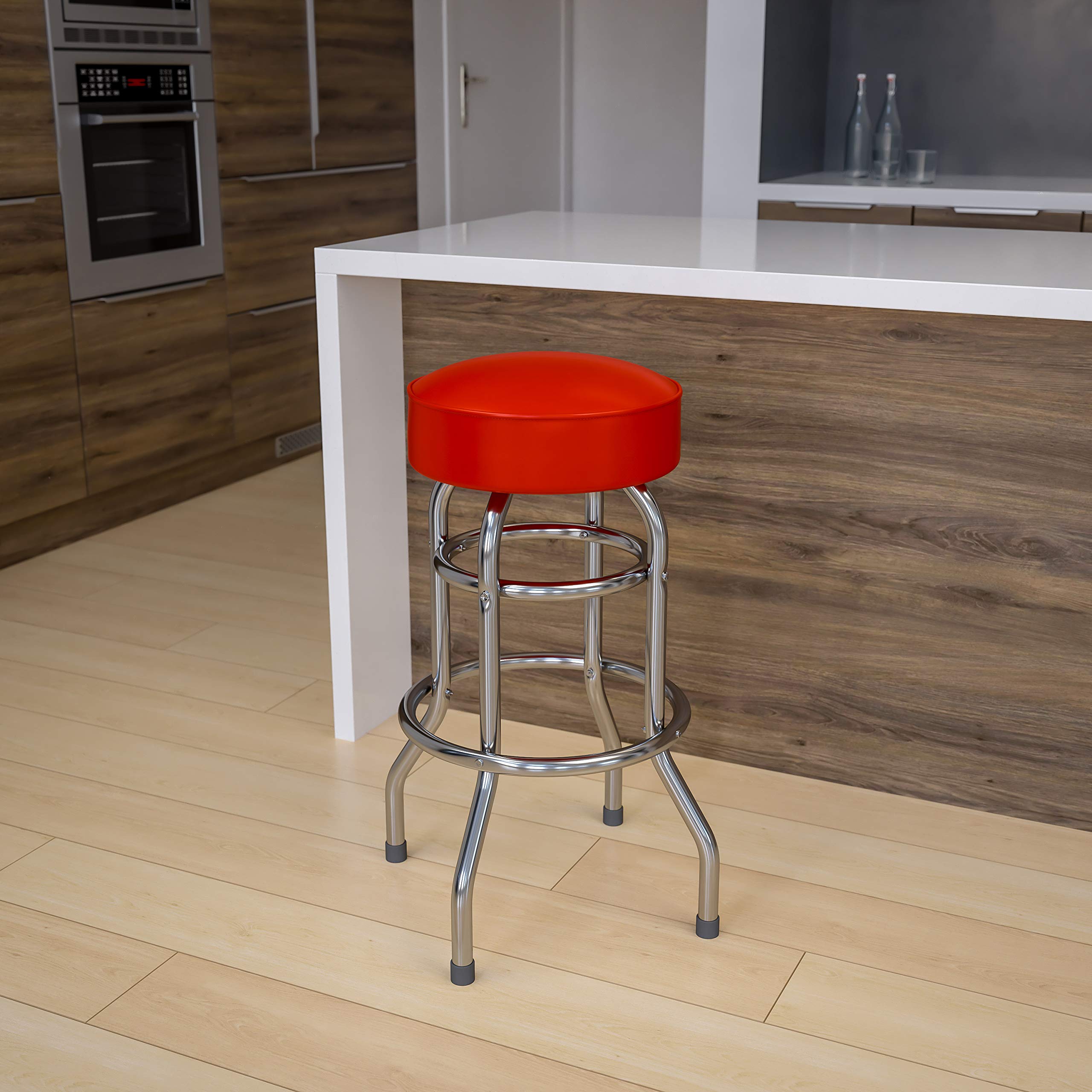 Chrome Bar Stool with Double Ring Design and Red Cushion Seat - Perfect for Kitchen Islands, Breakfast Bars, and Modern Dining Areas