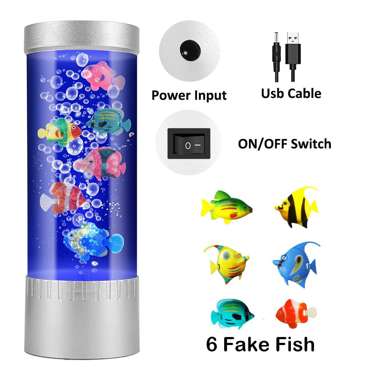 Bubble Fish Lamp with 6 Floating Artificial Fish – LED Aquarium Night Light with Moving Fish & Bubbles – Cylindrical Clear Tank for Kids Room, Office Decor & Living Room – Relaxing Mood Light for Bedtime, Stress Relief & Home Decoration