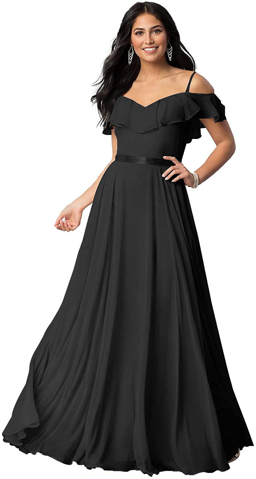 Elegant Women's Cold Shoulder Chiffon Bridesmaid Dress with Ruffles - Long Formal Prom Evening Gown with Straps | Perfect for Weddings, Parties & Special Occasions