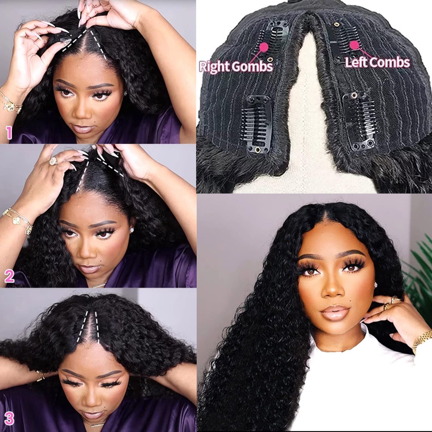 ISEE 18 Inch Brazilian Human Hair V Part Wig - Water Wave Curly Glueless No Leave Out U Part Wigs for Black Women (180% Density, Natural Color) - Perfect for Daily Wear, Parties & Special Occasions