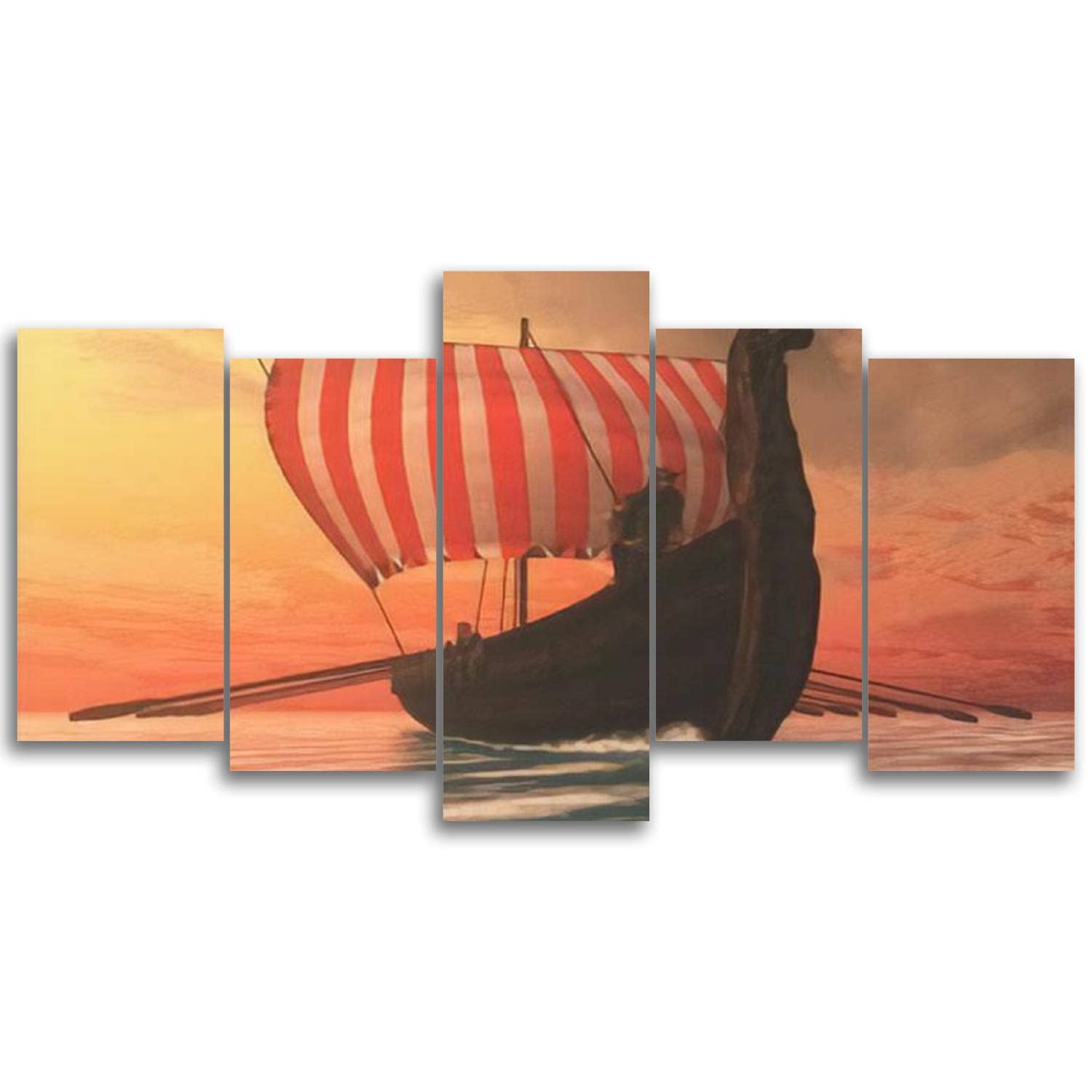 Viking Longship Wall Art - 5 Panel Canvas Print of Viking Man & Boat Sailing - Abstract Norse Painting for Living Room & Bedroom Decor | Perfect for Viking Theme Home, Office, or Man Cave