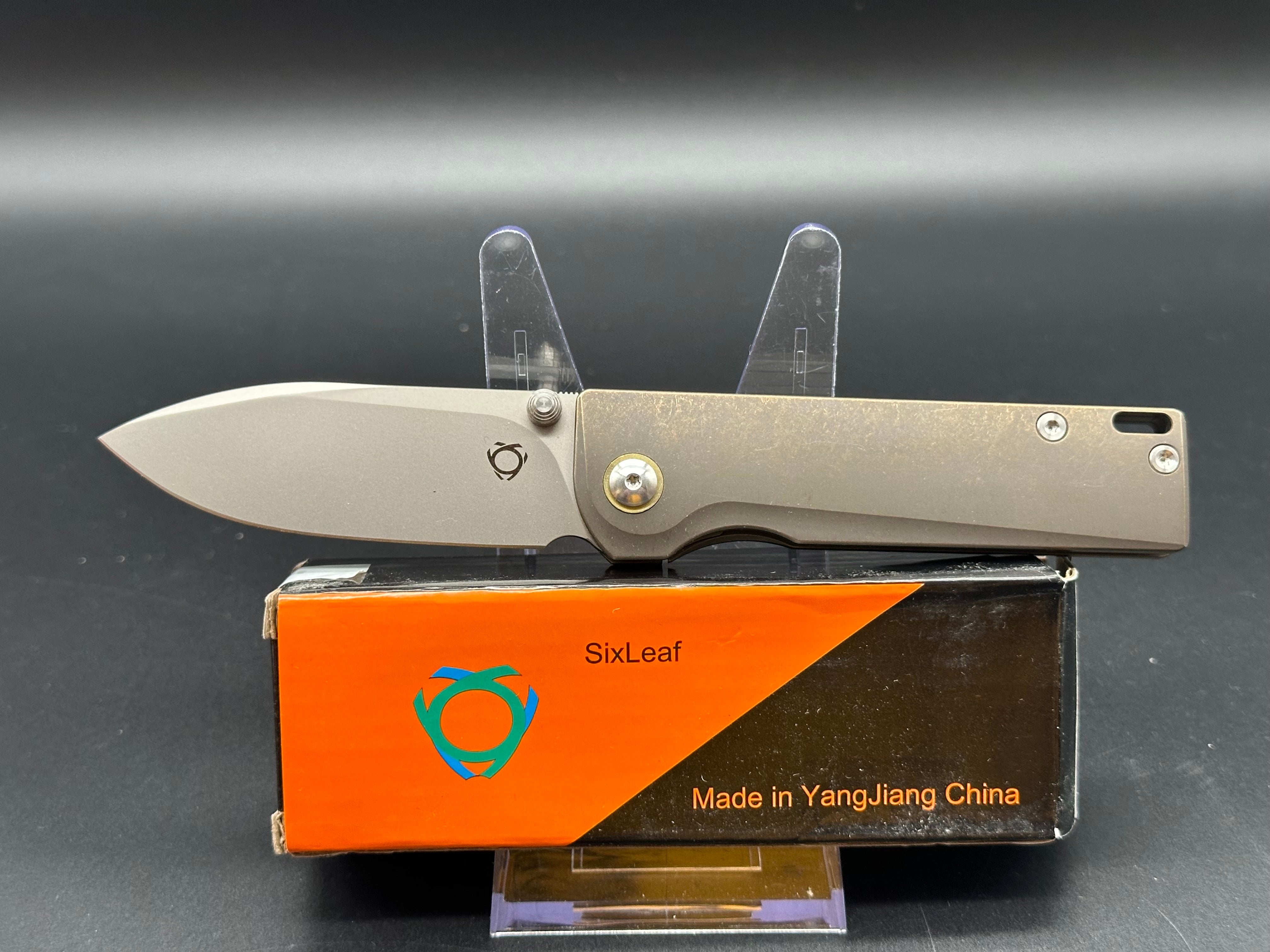 SixLeaf SL-26 Sand Rattle Snake Pocket Knife - D2 Steel Plain Edge Blade with Sandwashed Titanium Handle - EDC, Camping, Hunting & Outdoor Survival Tool