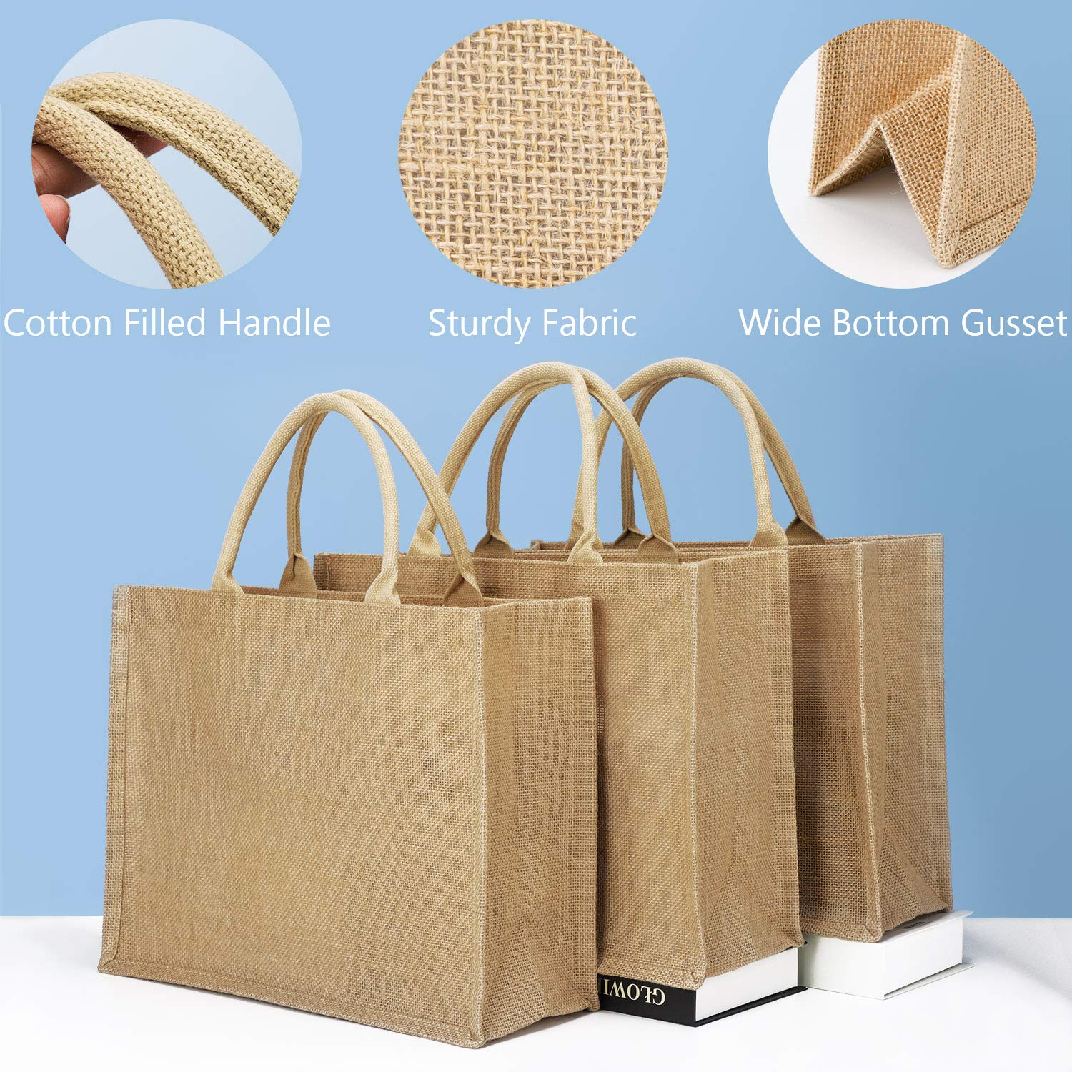 Segarty 3 Pack Large Burlap Jute Reusable Canvas Tote Bags with Handles - Eco-Friendly Blank Bulk Tote Bags for Women, Bridesmaid Wedding Favors, Grocery Shopping, Beach Trips & DIY Crafts - Perfect for Market, Bachelorette Parties & Everyday Use