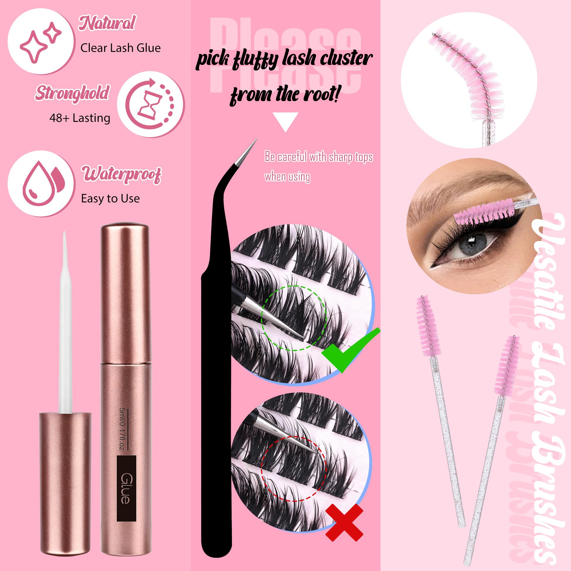 5D Fluffy Cat Eye Lashes Clusters Kit - Wispy Fox Eye Faux Mink Eyelash Extensions (11 Pairs, 8-16mm) with Lash Glue, Tweezers & Brushes - Perfect for DIY Lash Extensions, Special Occasions & Glamorous Makeup Looks