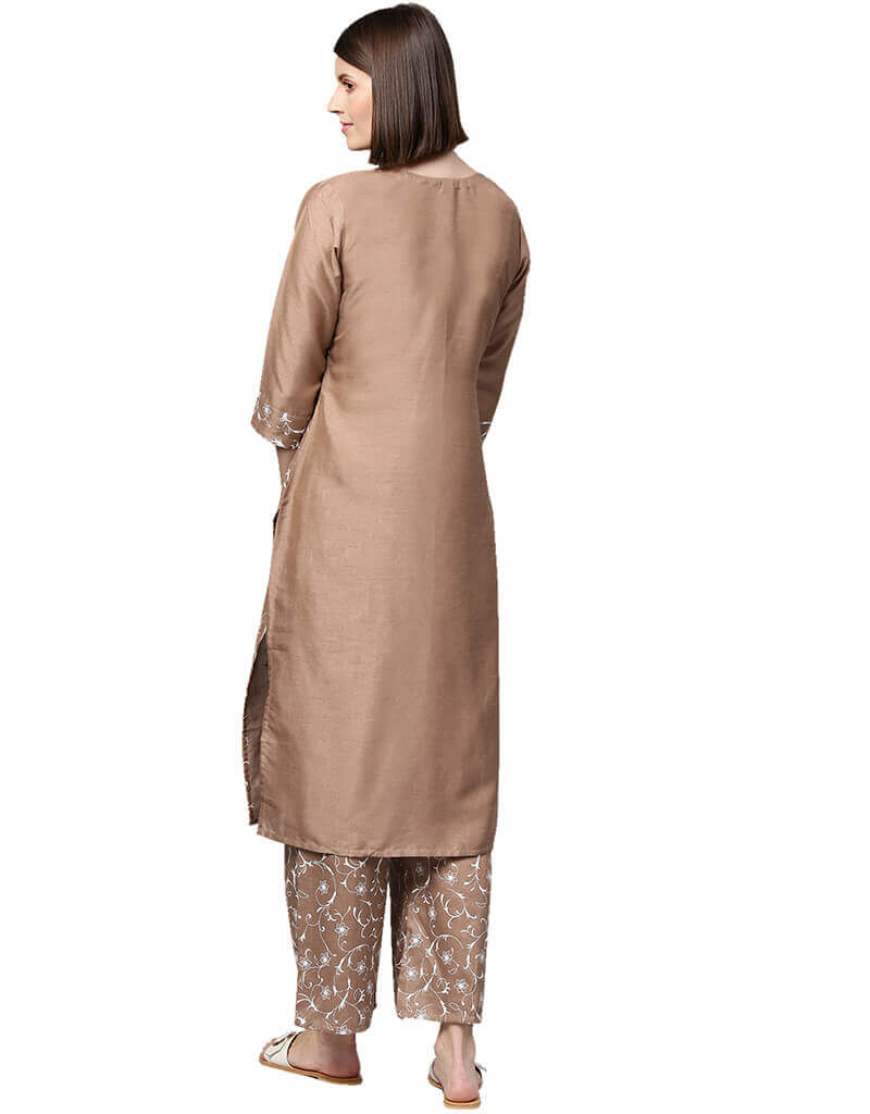 Elegant Brown Poly Silk Palazzo Suit for Women - Comfortable Wide Leg Pants & Top Set - Perfect for Office Wear, Parties & Special Occasions