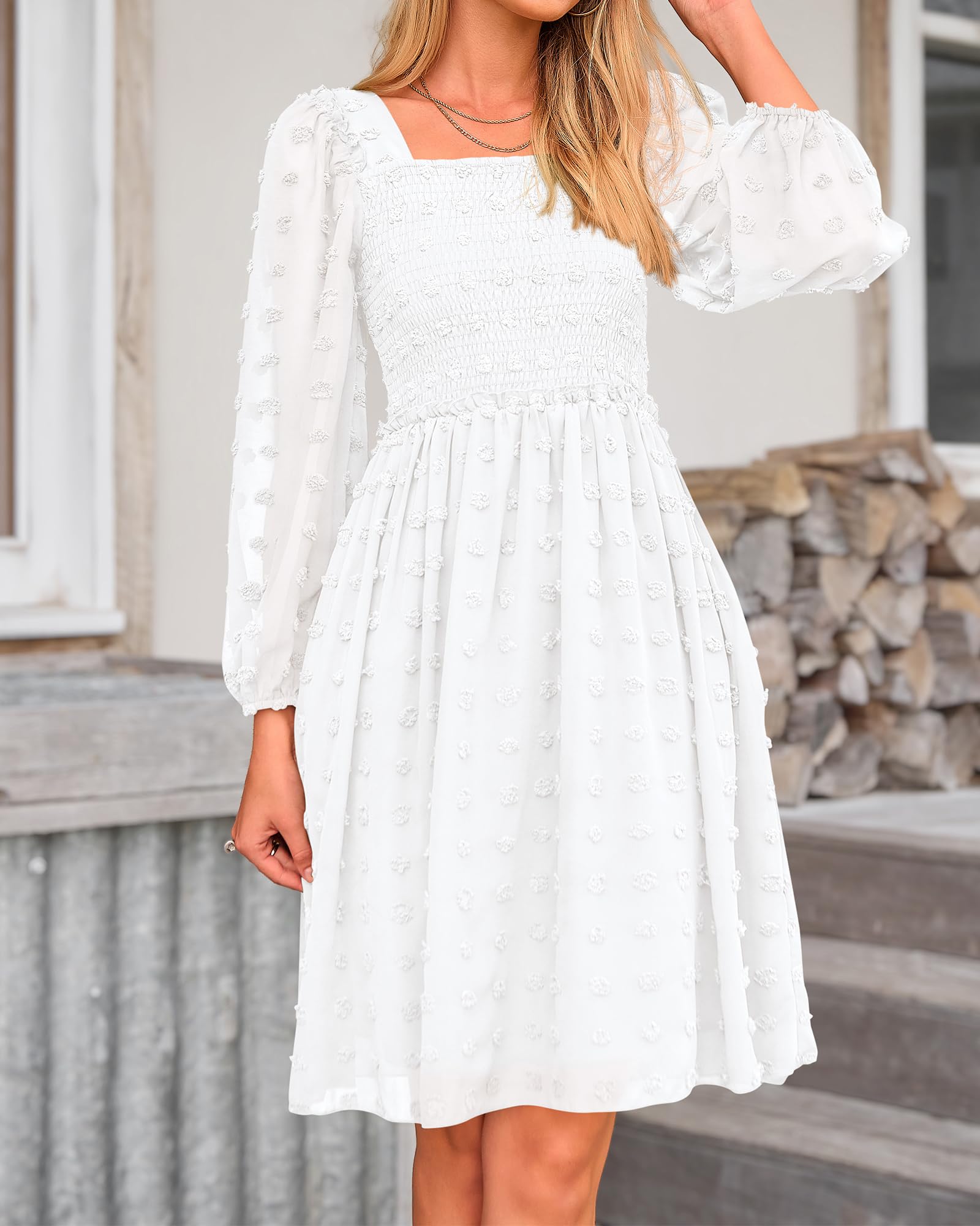 BTFBM Women's Floral Swiss Dot Smocked Mini Dress - Square Neck, Long Sleeve Boho Wedding Guest Dress for Spring & Summer 2025 | Perfect for Garden Parties, Bridal Showers & Casual Events
