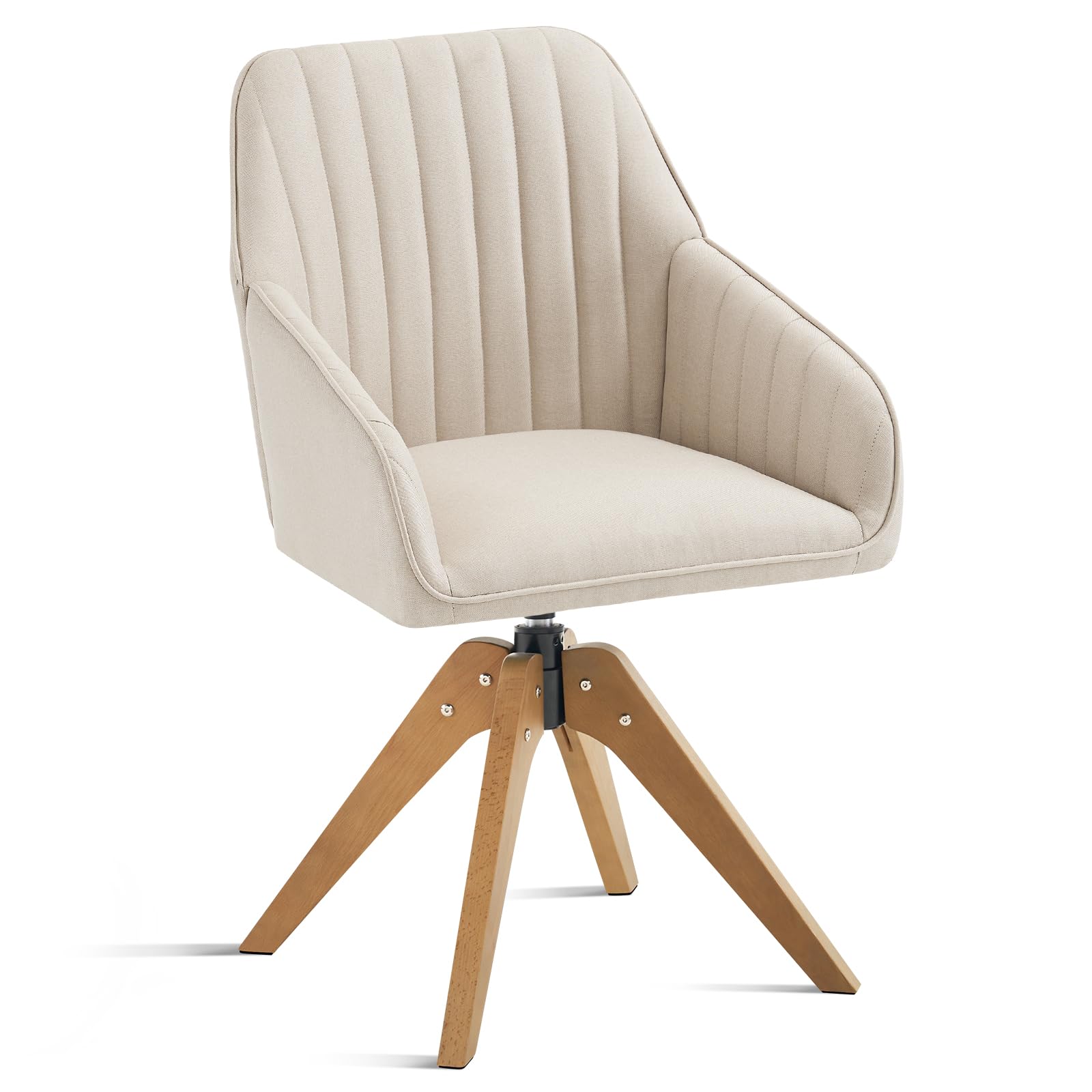 Mid Century Modern Swivel Accent Chair - Upholstered Wooden Armchair with Mid Back Support, Faux Linen Beige - Perfect for Living Room, Home Office, Bedroom & Vanity Desk - No Wheels Comfortable Seating for Relaxing & Working