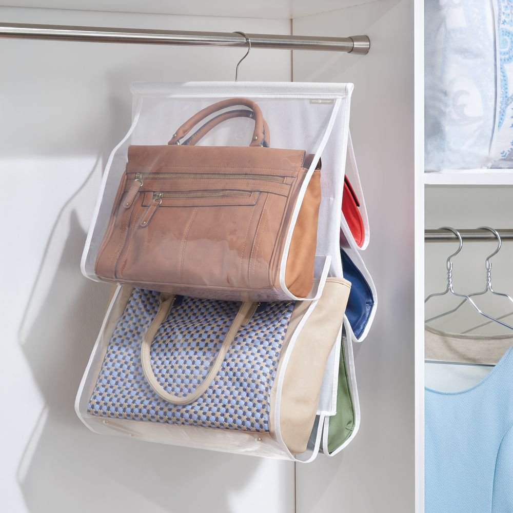 InterDesign Hanging Handbag & Purse Organizer with 12 Pockets - White/Clear Closet Storage Solution for Women's Accessories | Perfect for Bedroom, Walk-in Closet & Dorm Organization