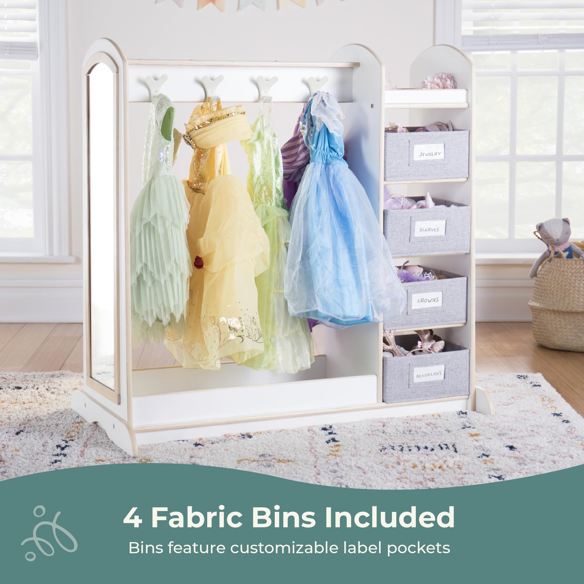 Guidecraft EdQ Dress-up Storage with Bins - White Kids Dresser with Mirror & Safe Hooks, Children's Costume Organizer & Playroom Furniture - Perfect for Bedroom, Nursery, and Daycare Storage Solutions