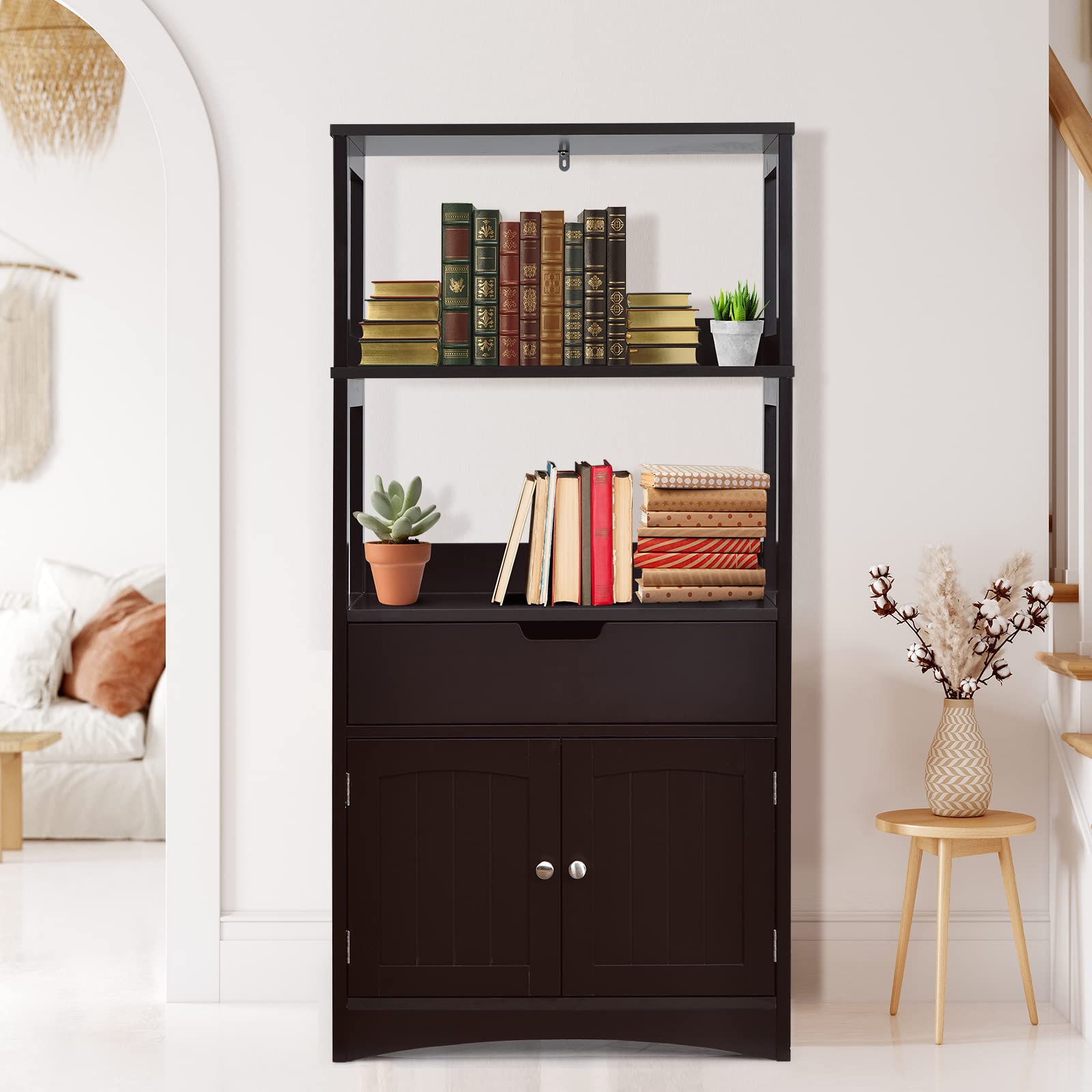 HAPPYGRILL Freestanding Bathroom Floor Cabinet with 2 Open Shelves, Drawer & Door - Anti-Tip Storage Organizer for Bathroom, Living Room, Entryway & Kitchen - Space-Saving Home Organization Solution for Towels, Toiletries & Decor