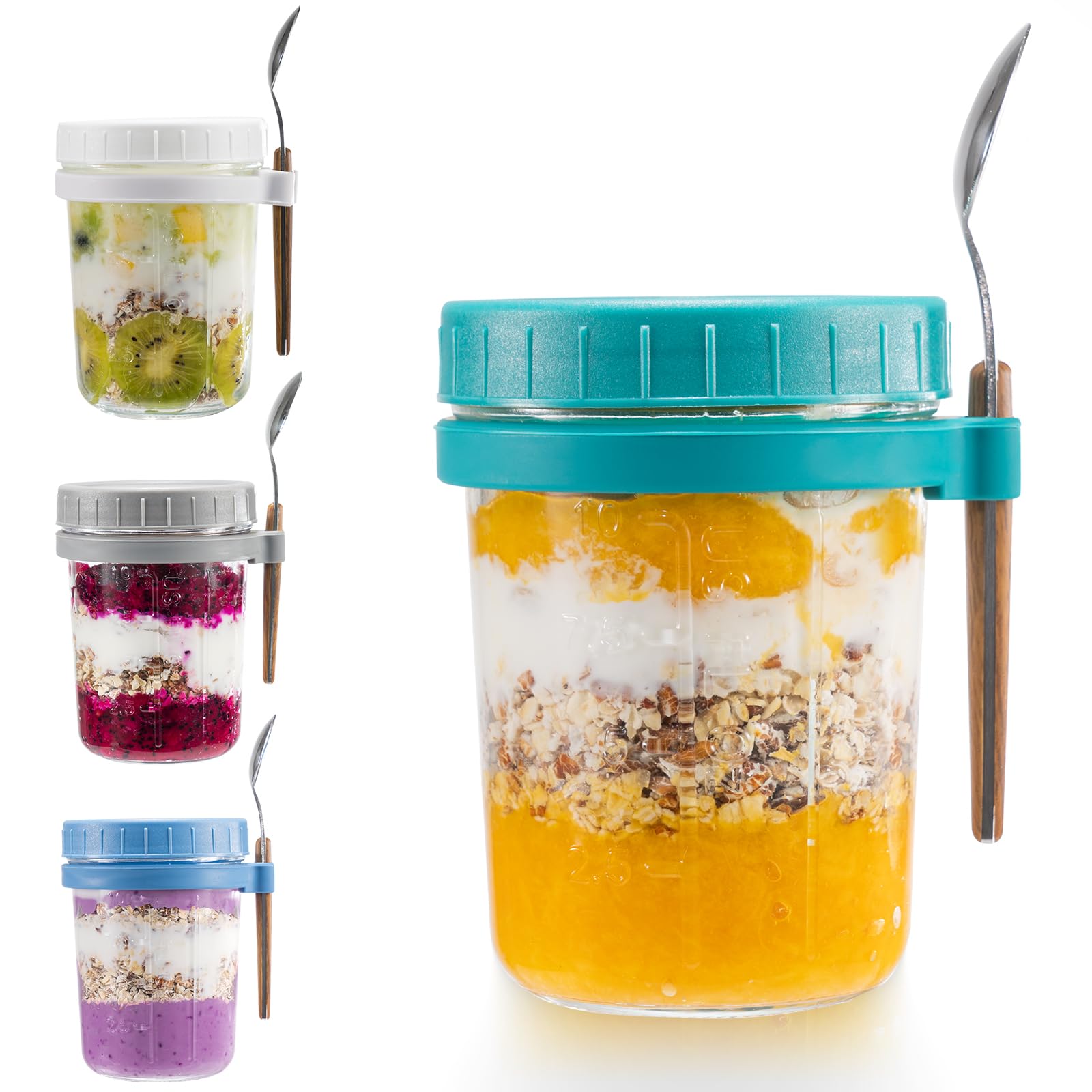 4 Pack 12 oz Glass Mason Overnight Oats Jars with Lids & Spoons - Reusable Meal Prep Containers for Yogurt, Cereal, Fruit - Perfect for Breakfast, Office Lunch & Healthy Snacks On-The-Go