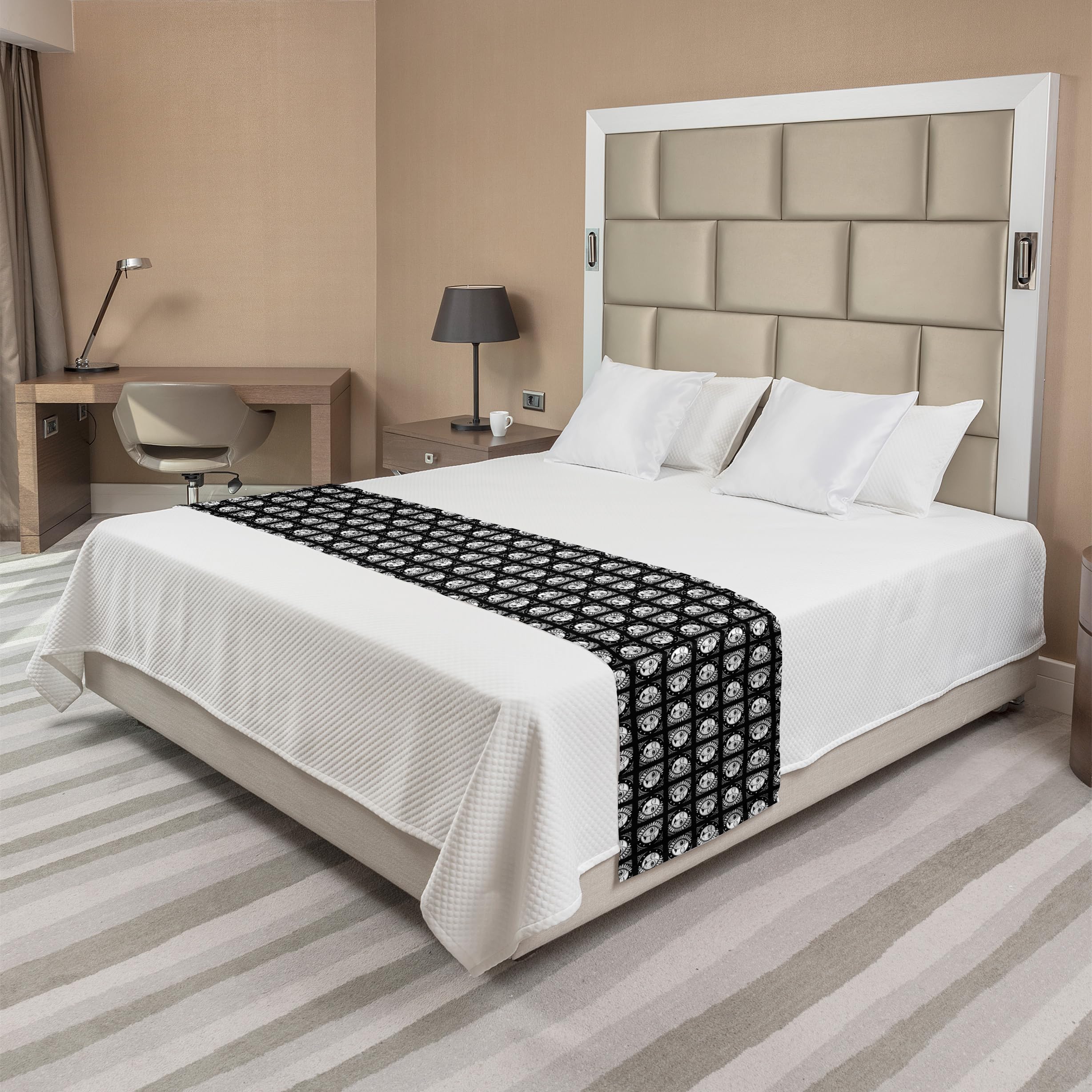 Ambesonne Moon Rays Bed Runner - Half Sun & Crescent Moon Continuous Pattern Decorative Bed Scarf - Charcoal Grey & White for Hotels, Homes, Guestrooms - Perfect for Boho Bedroom Decor & Wedding Accents