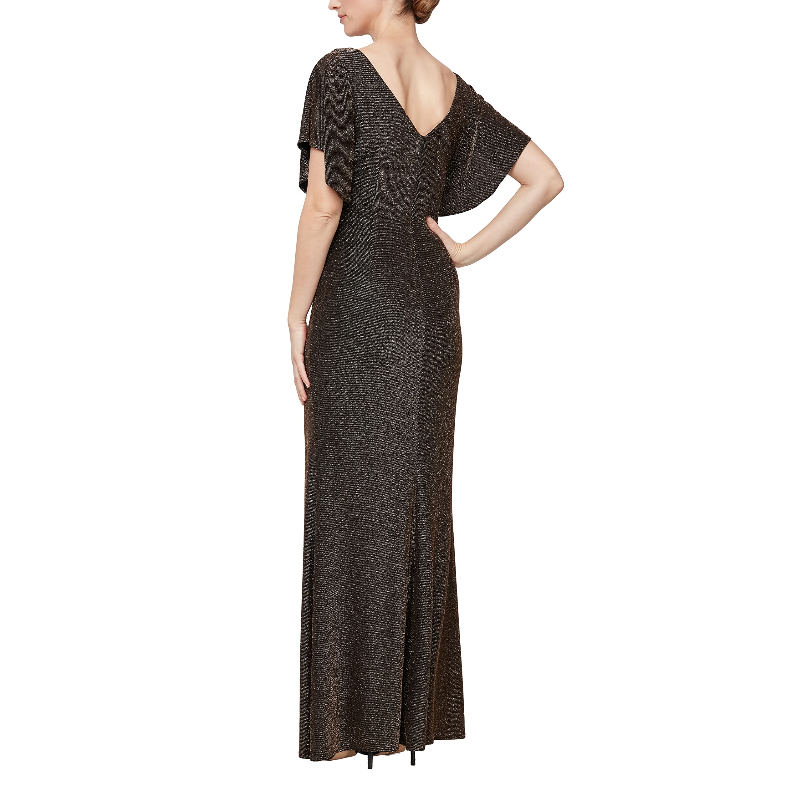 Alex Evenings Women's Long Metallic Ruched Flutter Sleeve Gown with Side Slit - Elegant Mother of The Bride Dress & Formal Evening Gown for Weddings, Galas & Special Occasions