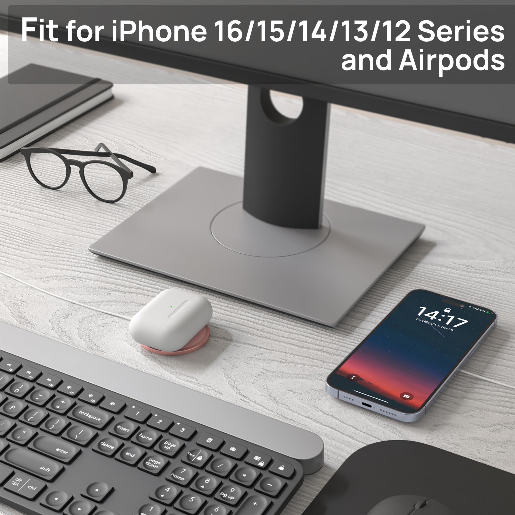 15W Fast Wireless Charger for iPhone - MagSafe Compatible Magnetic Charger with USB-C for iPhone 16/15 Pro Max/14/13/12 & AirPods (Pink) | Perfect for Home, Office & Travel Charging