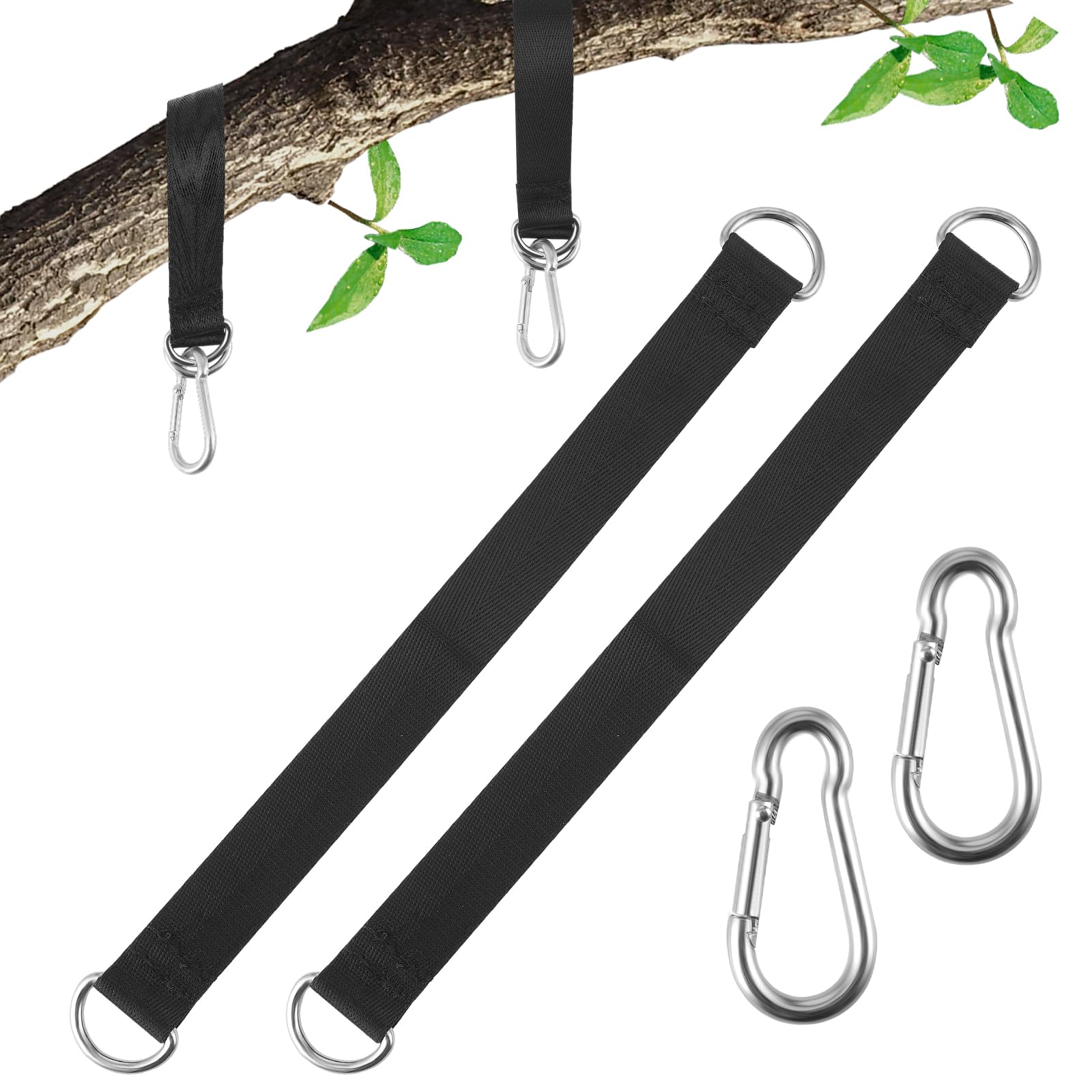 2 Pcs Heavy Duty Tree Swing Straps - Adjustable Hammock Hanging Kit with Carabiners - Durable 1000LB Capacity Porch Swing Rope for Tree Branch - Perfect for Backyard Swings, Hammocks, and Outdoor Relaxation - Easy & Safe Installation for Kids and Adults