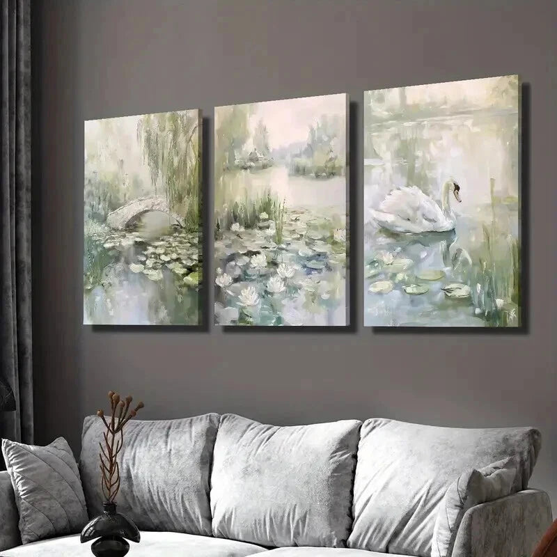 3-Piece Water Lily Pond Spring Scenes Wall Art Set - Framed Canvas Prints 50x70cm - High Quality Australian Made - Ready to Hang - Perfect for Living Room, Bedroom & Office Decor