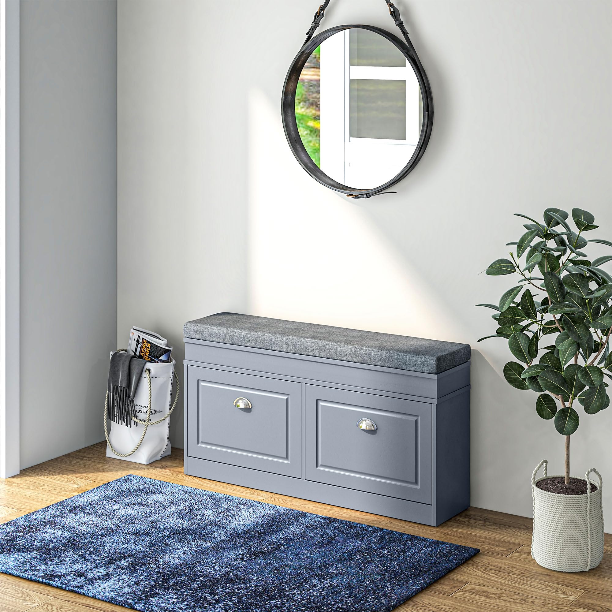 Modern Shoe Rack Bench with Storage - Entryway Organizer with Cushioned Seat, 2 Drawers & Adjustable Shelf (Holds 8 Pairs) - Perfect for Hallway, Living Room, Bedroom & Entry Organization - Space-Saving Gray Shoe Storage Solution for Small Apartments & Homes