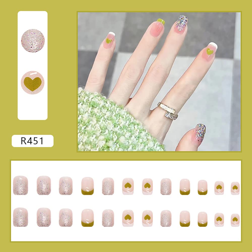 24Pcs French Tip Press on Nails Short Coffin Fake Nails with Heart Glitter Design - Full Cover Summer Artificial Nails for Women & Girls - Perfect for Parties, Weddings, and Daily Manicures