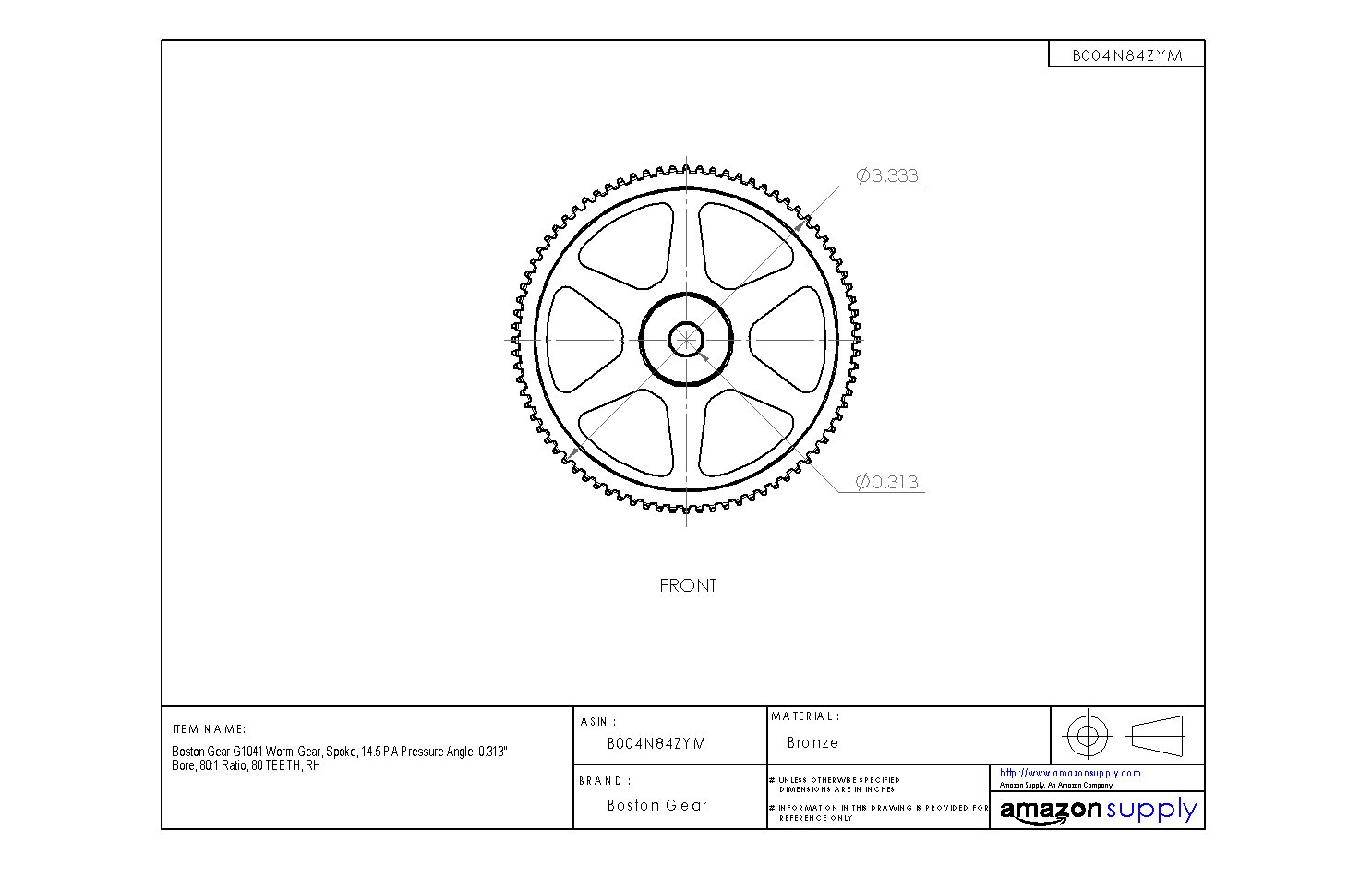 High Precision G1041 Worm Gear 14.5° PA Pressure Angle, 0.313