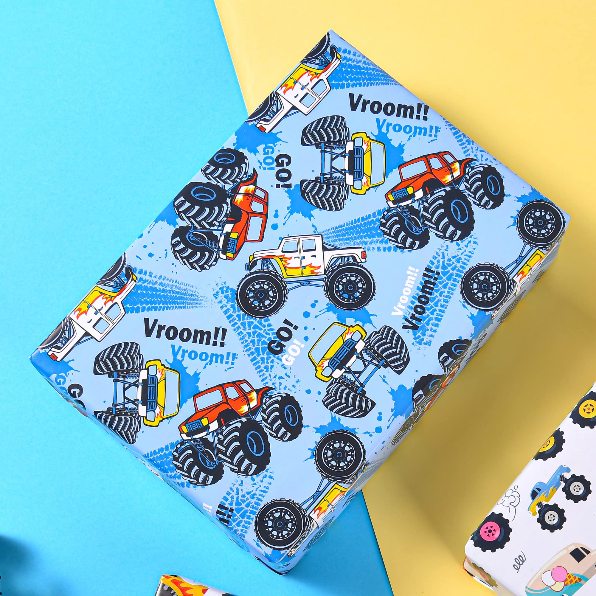Titiweet Monster Truck Wrapping Paper for Boys - 12 Sheets Racing Car Gift Wrap (20x28 Inches) for Christmas, Birthday & Holidays | Perfect for Kids' Parties, Gifts & Toy Car Enthusiasts
