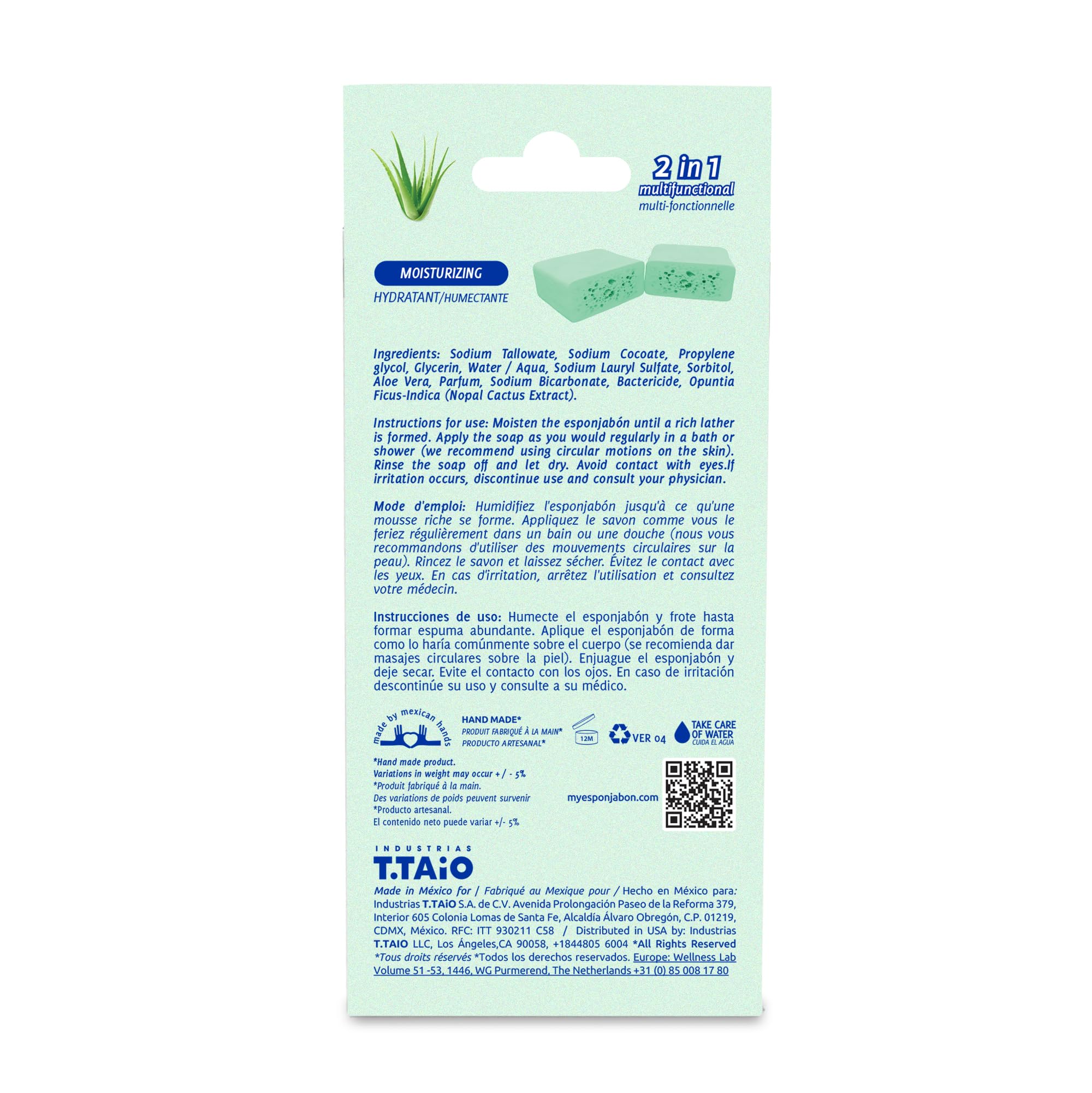 T.Taio Aloe Vera Soap Sponge - Exfoliating Shower Scrubber for Face, Body & Feet - Deep Cleansing Bath Sponge for Oil & Dirt Removal - Gentle Massage & Lather - Bathroom Accessories with Fresh Aloe Scent - Perfect for Daily Shower, Spa & Skincare Routine