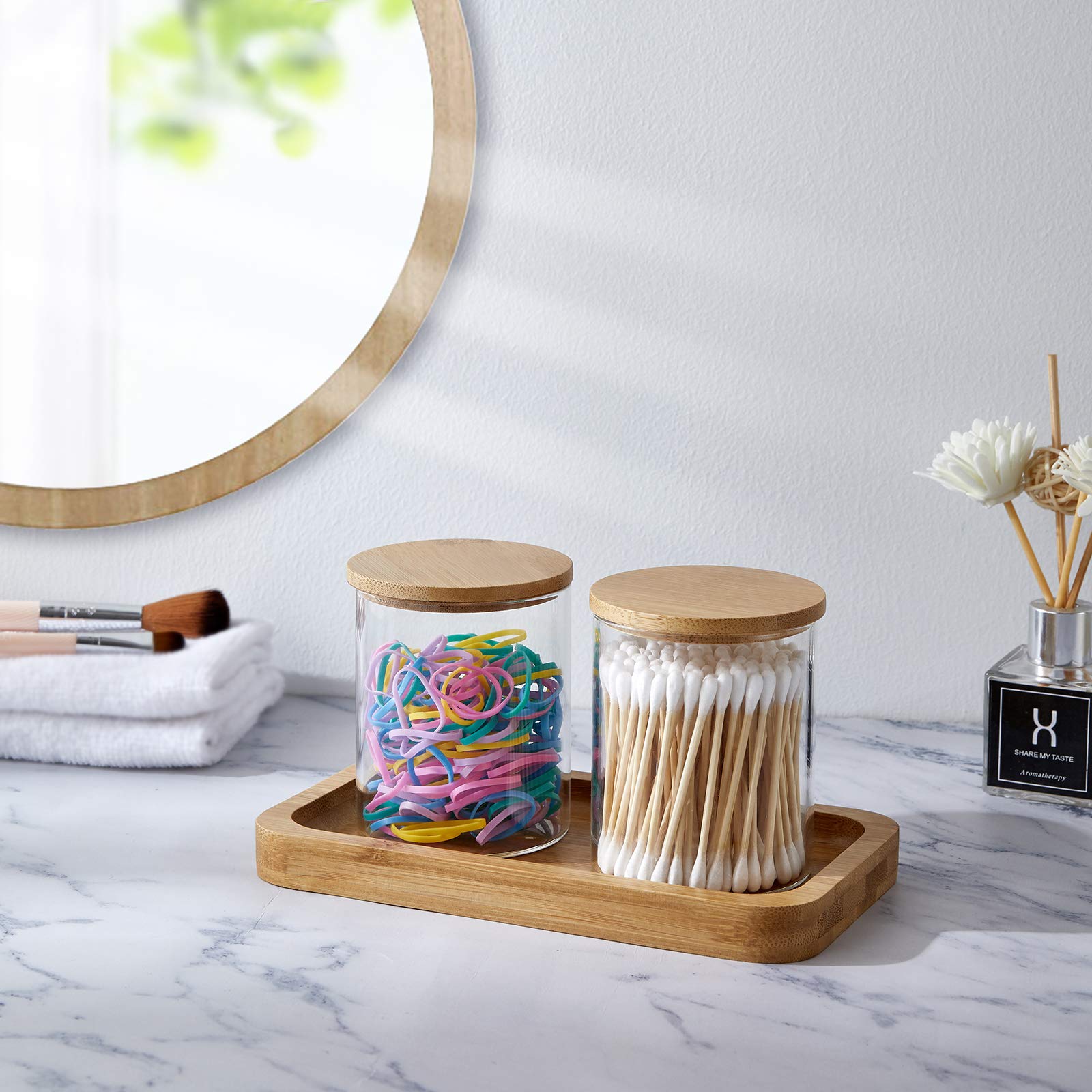 Glass Q-Tip Holder with Vanity Tray | Apothecary Jar Bathroom Organizer for Cotton Balls, Swabs, Hair Ties & Jewelry | Countertop Storage Solution for Bathroom, Vanity & Makeup Station