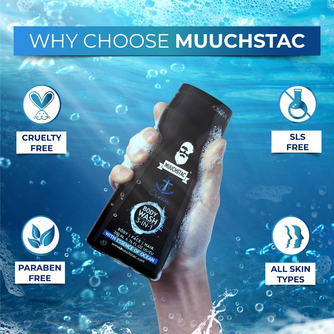 Muuchstac Ocean 3-in-1 Men's Body Wash - Clears Skin, Controls Sweat, Fights Body Acne & Odor | Long-Lasting Freshness Shower Gel (182ml) | Perfect for Gym, Travel & Daily Shower Routine